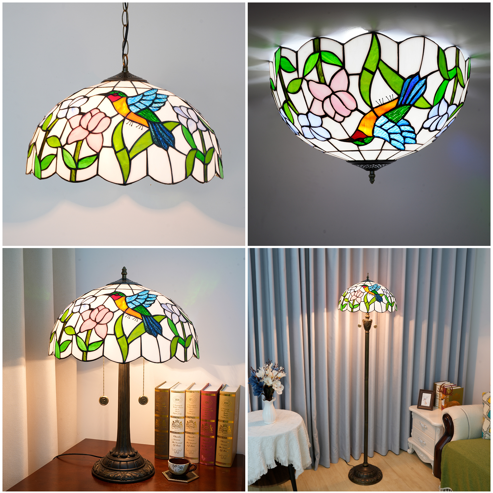 Blivuself Tiffany Stained Glass Lampshade, Handcrafted Replacement, Victoria Blue Hummingbird Pattern, Suitable For Home Decoration Art Such As Table Lamps, Chandeliers And Floor Lamps-16 Inch-DZ16017