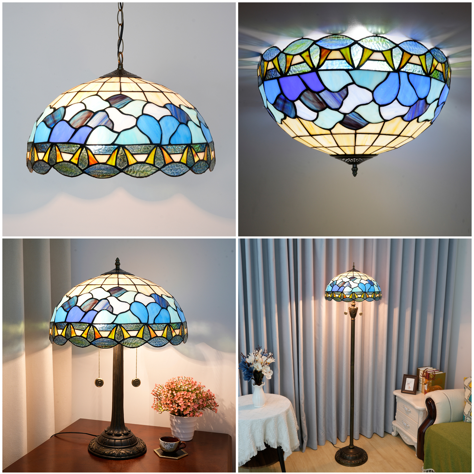 Blivuself Tiffany Stained Glass Lampshade, Handcrafted Replacement, 16-Inch Nordic-Style Blue And White Wave Pattern, Suitable For Home Decoration Art Such As Table Lamps, Chandeliers And Floor Lamps-DZ16018