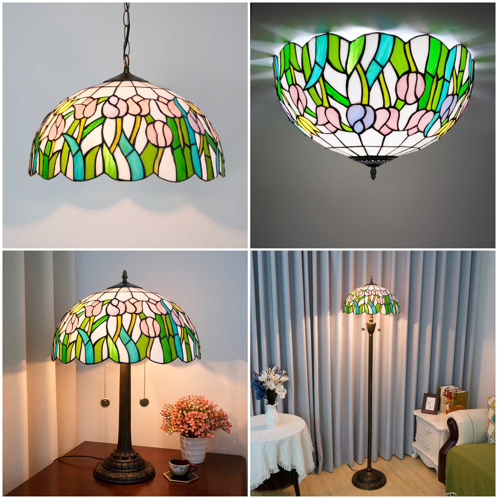 Blivuself Tiffany Stained Glass Lampshade,Handcrafted Replacement, 16-Inch Victoria Tulip Pattern, Suitable For Home Decoration Art Such As Table Lamps, Chandeliers And Floor Lamps (Pink, Purple And Yellow)-DZ16019