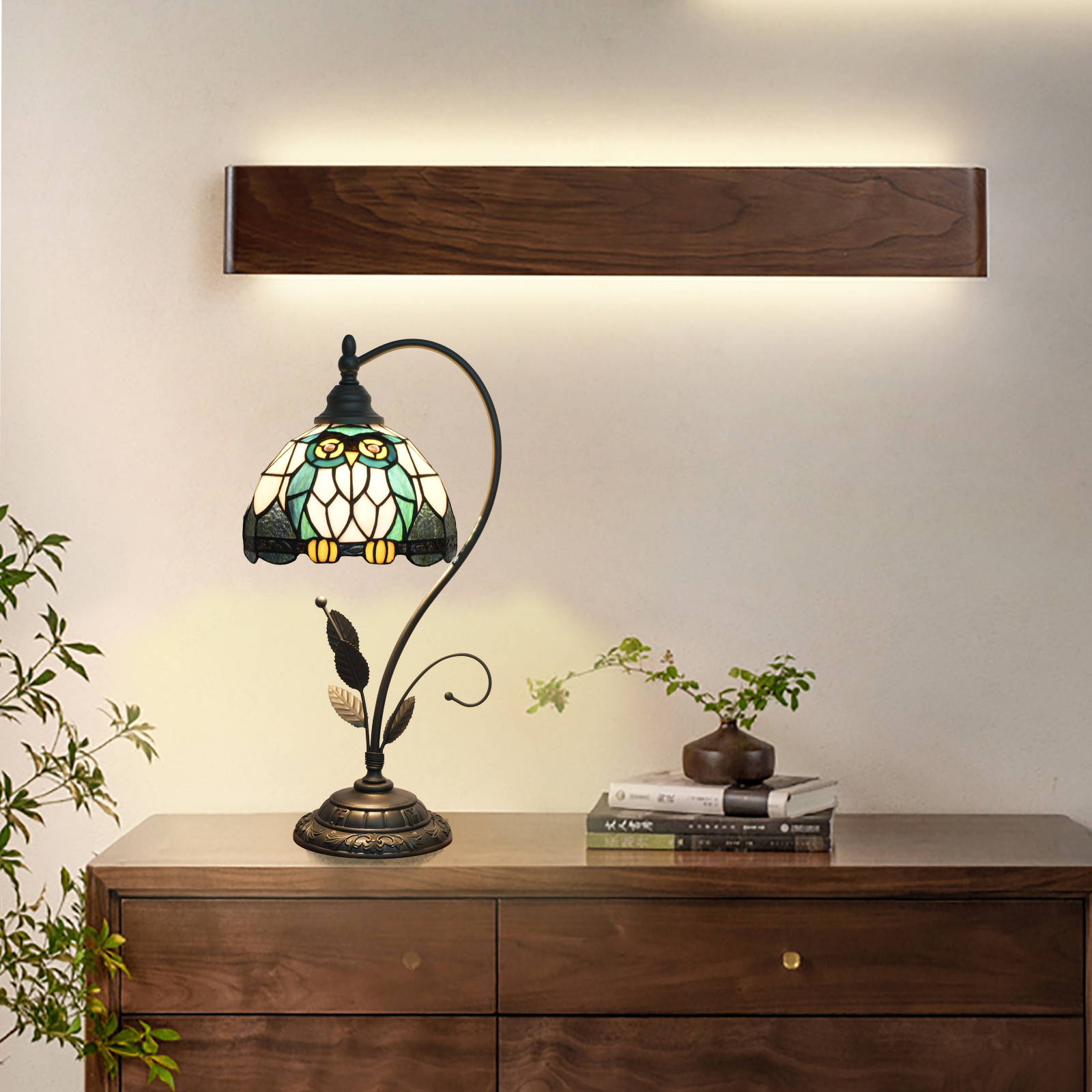 Blivuself Tiffany Lamp 8 Inch Night Elf Owl Stained Glass Table Lamp Vintage Handmade Warm Color Reading Table Lamp For Bedroom Living Room Bedside Office Study Classic Art Home Decoration（OFU1295）