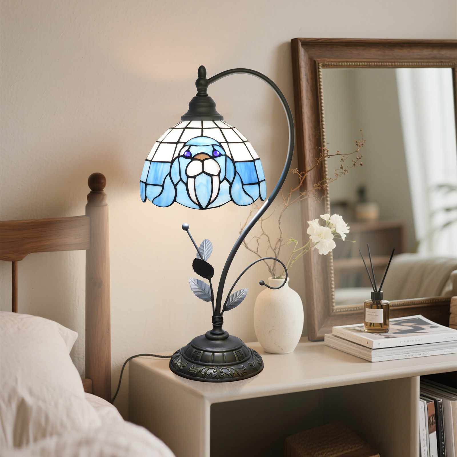 Blivuself Tiffany Lamp 8 Inch Blue Walruses Stained Glass table Lamp Retro Hand Warm Color Reading table Lamp Suitable For Bedroom Living Room Bedside Office Study Classical Art Home Decoration（OFU1297）