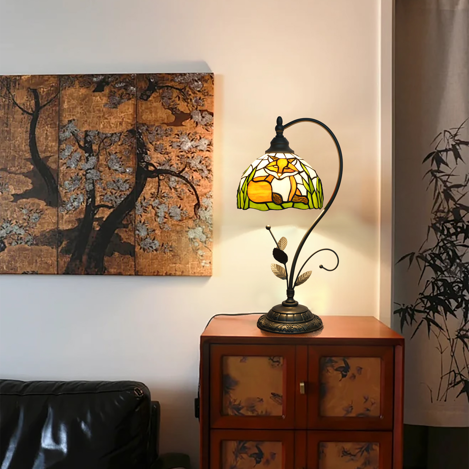 Blivuself Tiffany Lamp 8 Inch Orange Fox Stained Glass Table Lamp Retro Hand Warm Color Reading Table Lamp Suitable For Bedroom Living Room Bedside Office Study Classical Art Home Decoration（OFU1298）