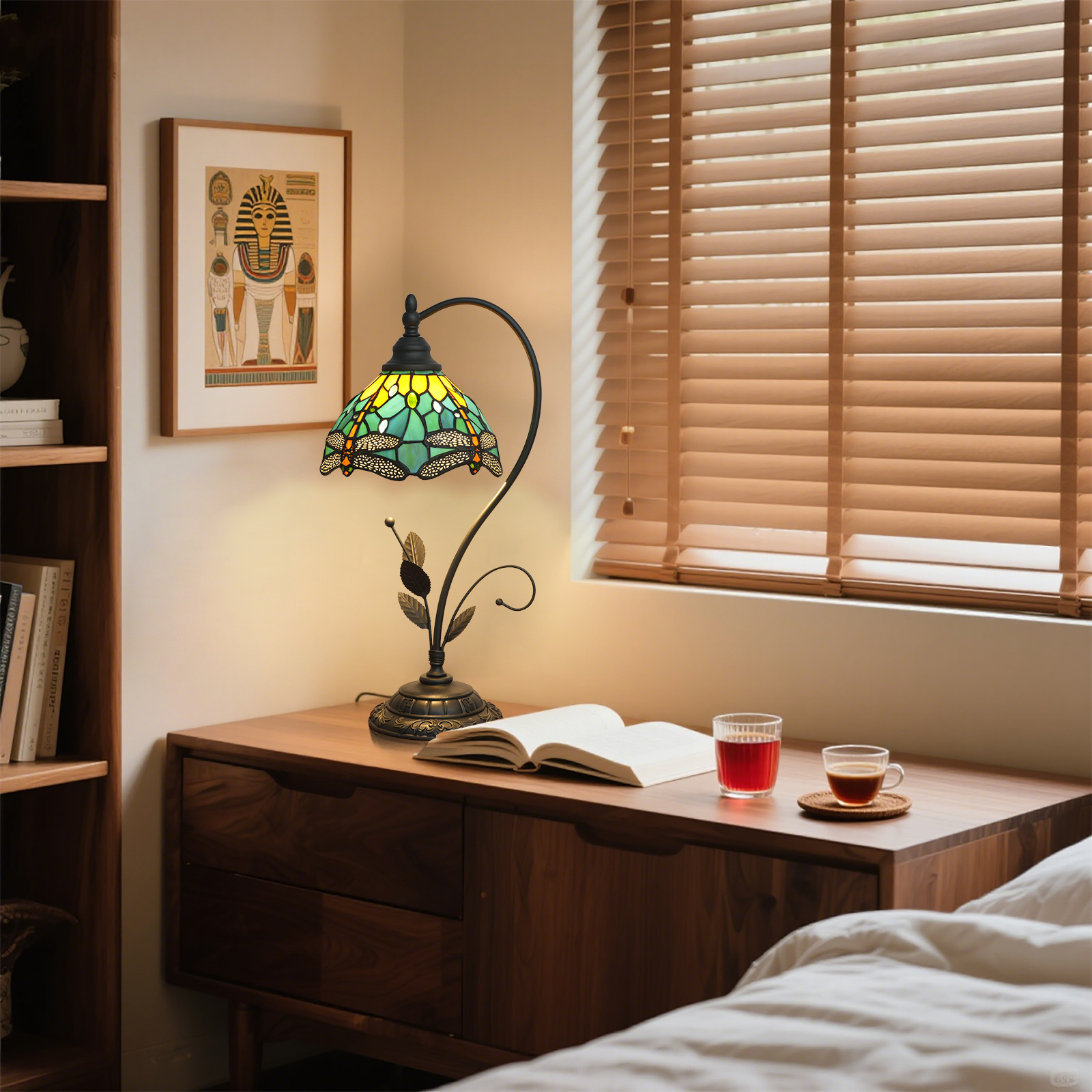 Blivuself Tiffany Lamp 8 Inch Stained Glass Table Lamp Green Yellow Dragonfly Warm Color Reading Lamp Suitable For Bedroom Dormitory Dining Room Living Room And Other Tiffany Retro Style Classical Art Home Decoration Art-OFU1277