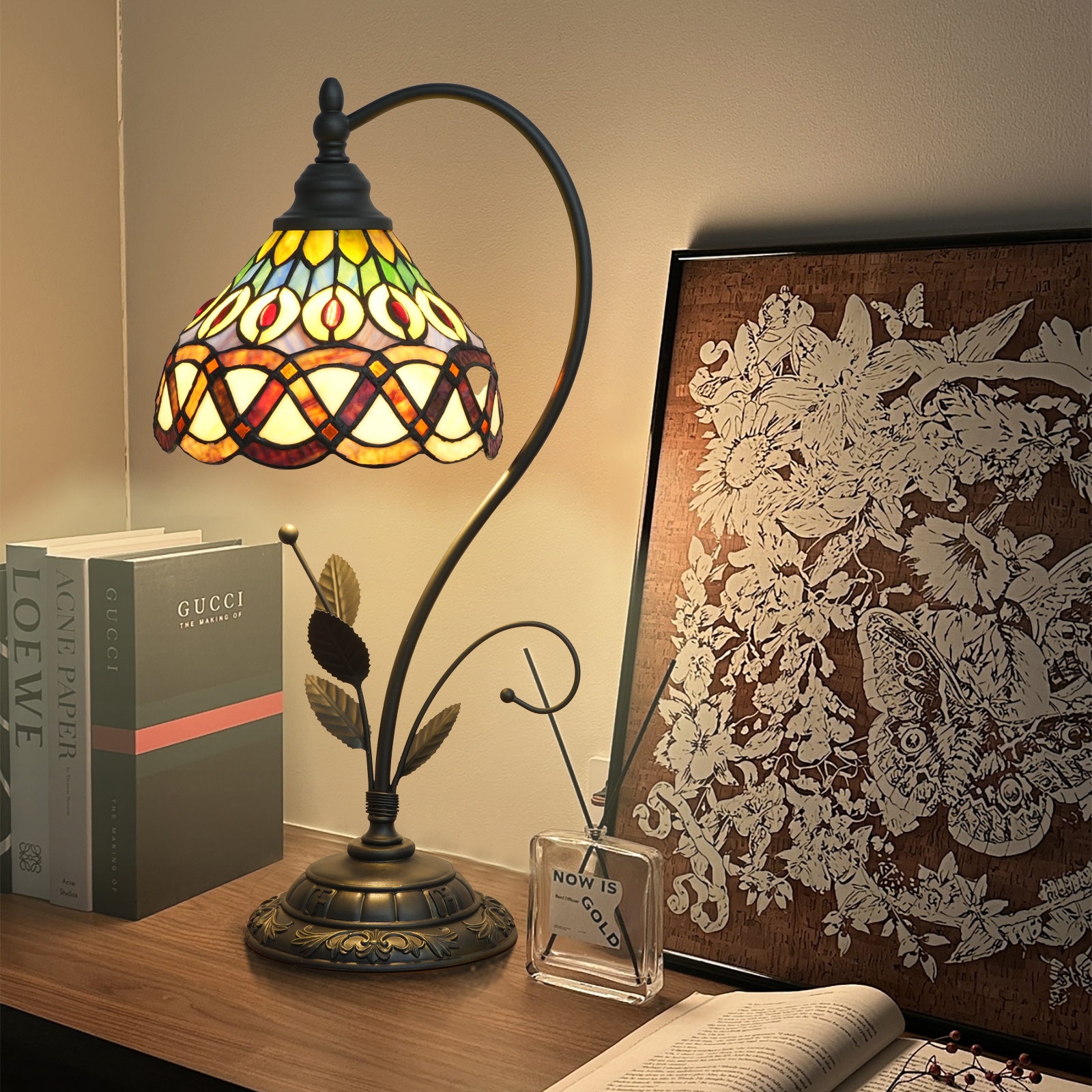 Blivuself Tiffany Table Lamp 8 Inch Stained Glass Table Lamp Yellow Peacock Tail Warm Color Reading Lamp Suitable For Bedroom Dormitory Dining Room Living Room And Other Tiffany Retro Style Classical Art Home Decoration Art-OFU1278