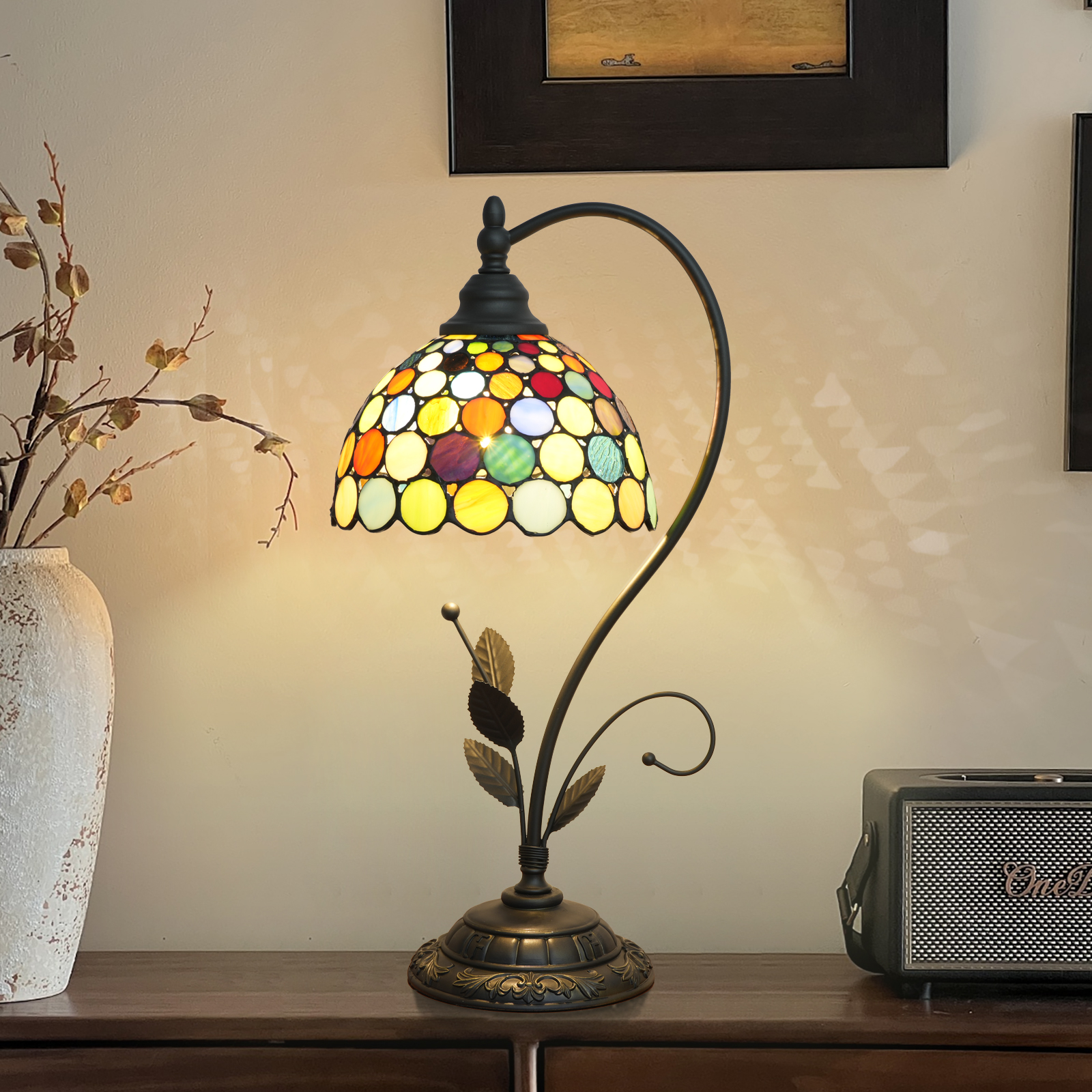 Blivuself Tiffany Table Lamp 8 Inch Stained Glass Table Lamp Colorful Round Warm Color Reading Lamp Suitable For Bedroom Dormitory Dining Room And Other Tiffany Retro Style Classical Art Home Decoration ArtOFU1280