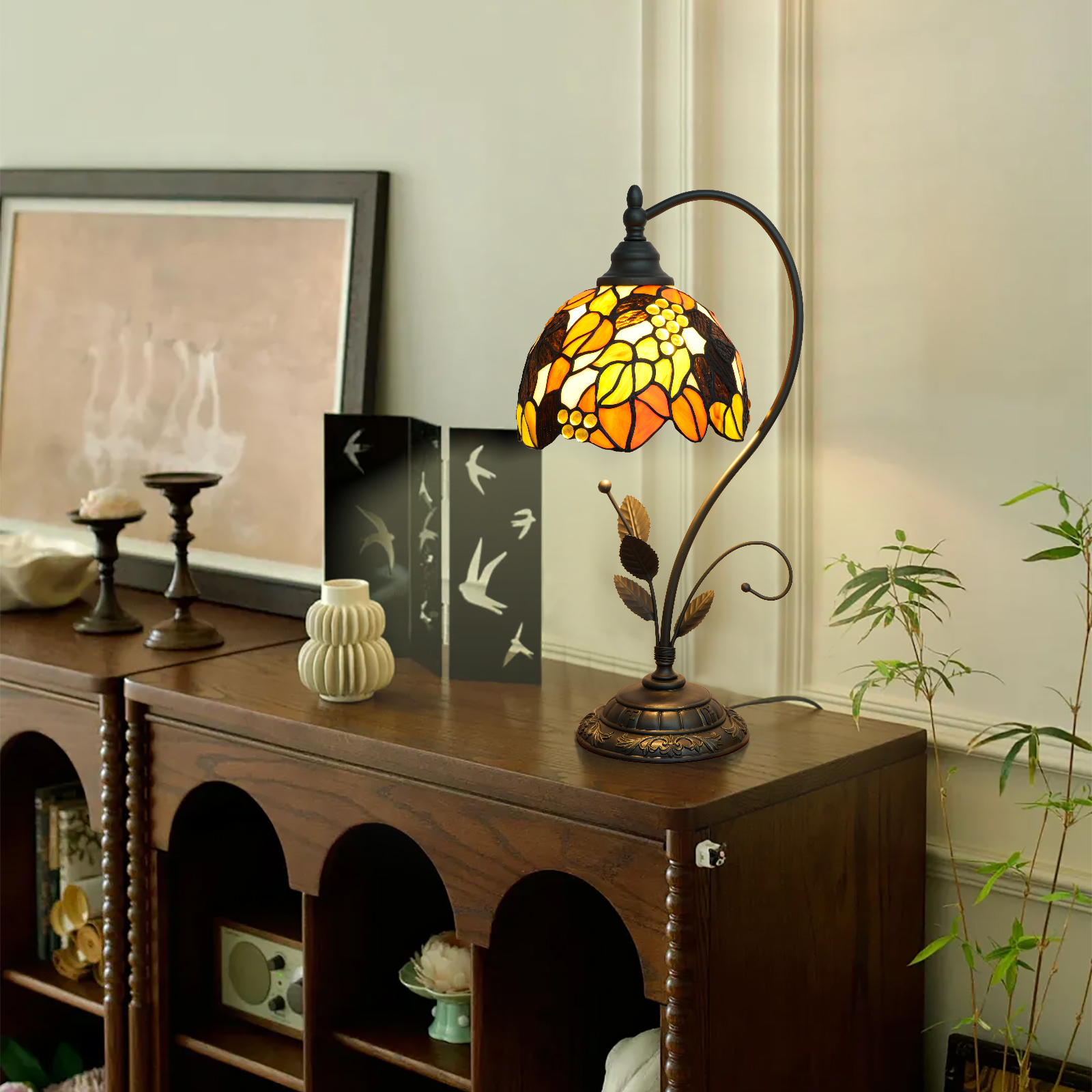 Blivuself  Tiffany Table Lamp 8 Inch Stained Glass Table Lamp Brown Maple Leaf Grape Warm Color Reading Lamp Suitable For Bedroom Dormitory Dining Room And Other Tiffany Retro Style Classical Art Home Decoration ArtOFU1281