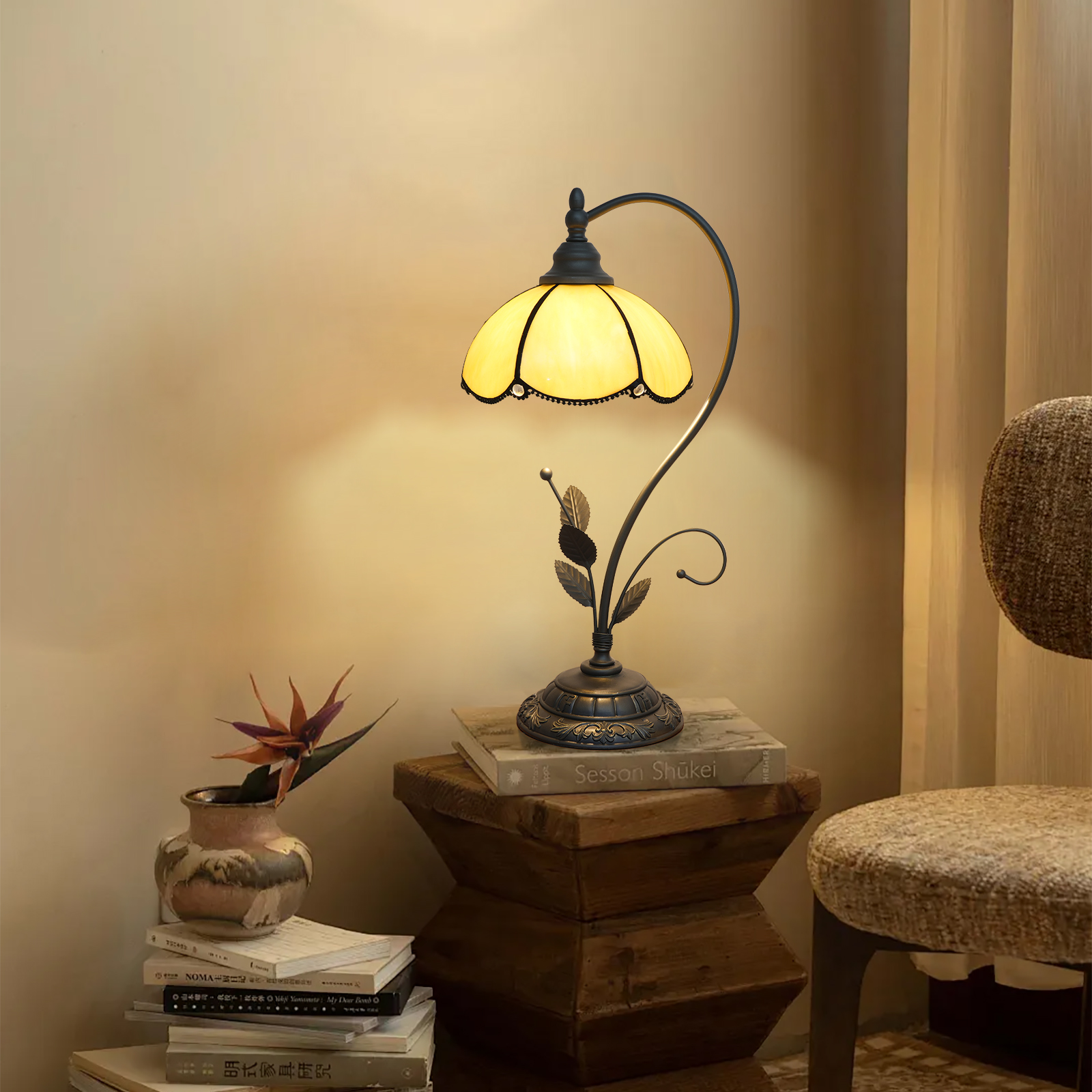 Blivuself  Tiffany Table Lamp 8 Inch Stained Glass Table Lamp Yellow Simple European Baking Bend Warm Color Reading Lamp Suitable For Bedroom Dormitory Dining Room Living Room And Other Tiffany Retro Style Classical Art Home Decoration Art-OFU1282