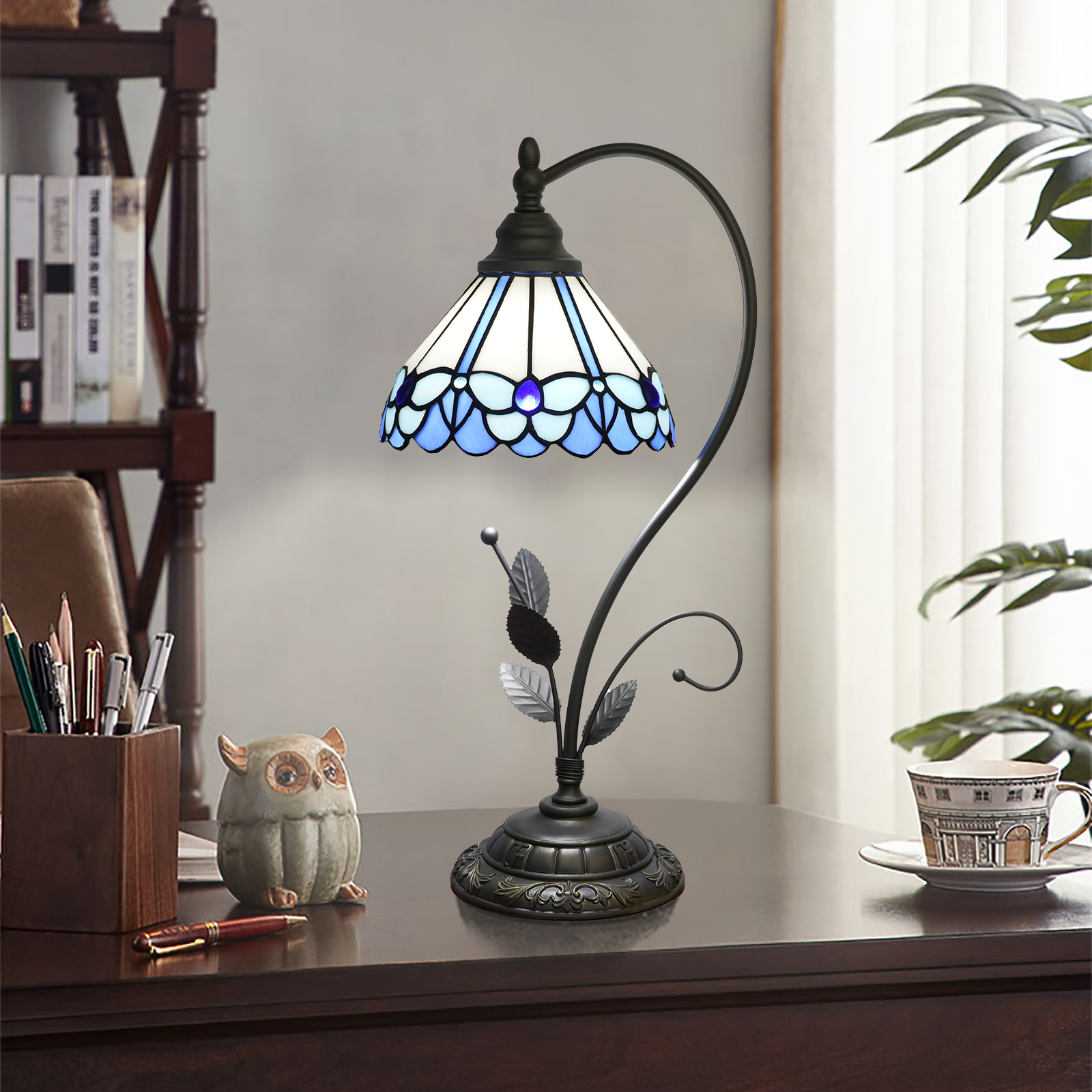 Blivuself  Tiffany Table Lamp 8 Inch Stained Glass Table Lamp Sky Blue Small Butterfly Warm Color Reading Lamp Suitable For Bedroom Dormitory Dining Room Living Room And Other Tiffany Retro Style Classical Art Home Decoration Art-OFU1283