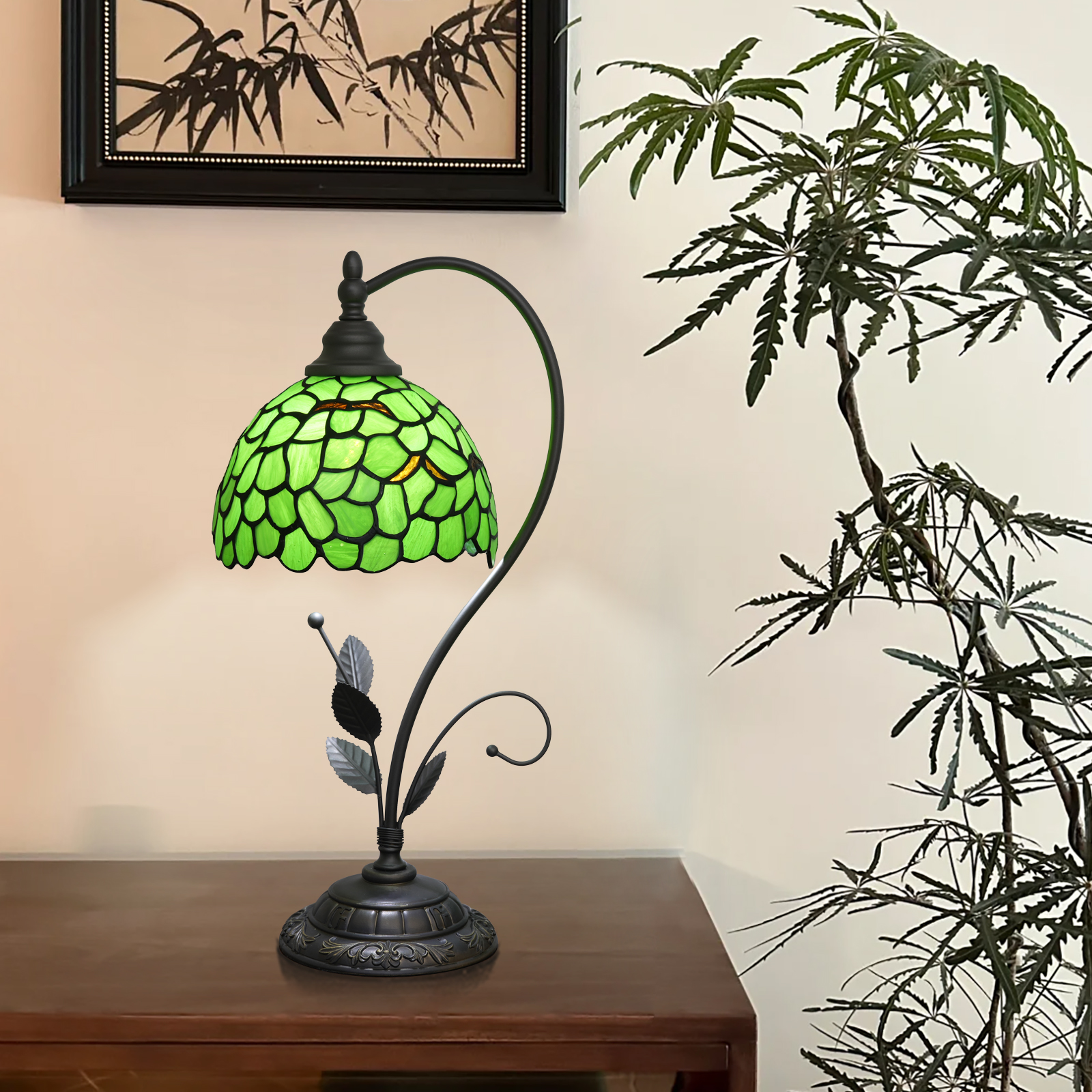 Blivuself  Tiffany Lamp 8 Inch Stained Glass Table Lamp Green Leaves Warm Color Reading Lamp Suitable For Bedrooms Dormitory Dining Room And Other Tiffany Retro Style Classical Art Home Decoration Art-OFU1284
