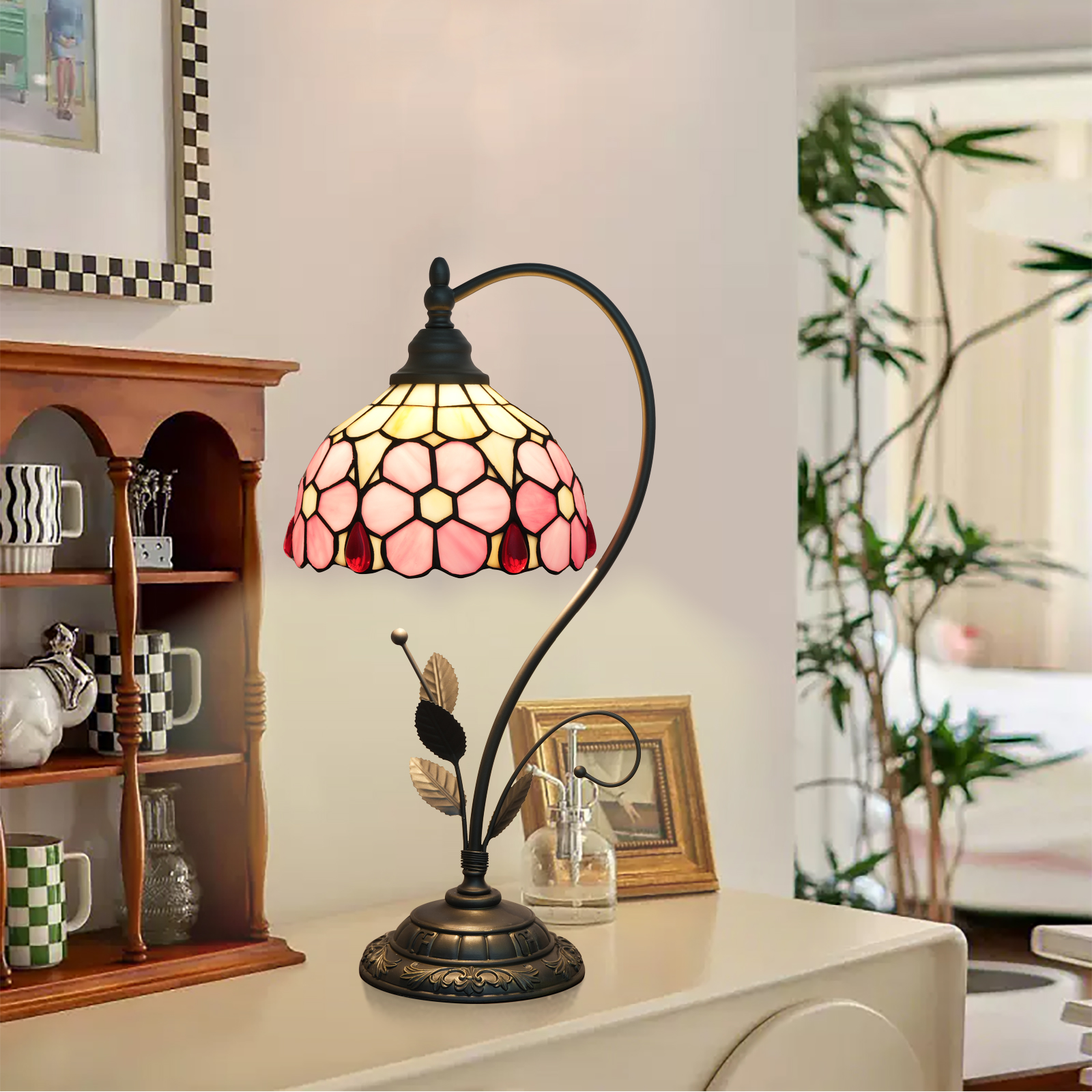 Blivuself Tiffany  Lamp 8 Inch Stained Glass Table Lamp Pink Flowers Warm Color Reading Lamp Suitable For Bedrooms Dormitory Dining Room And Other Tiffany Retro Style Classical Art Home Decoration Art（OFU1285）