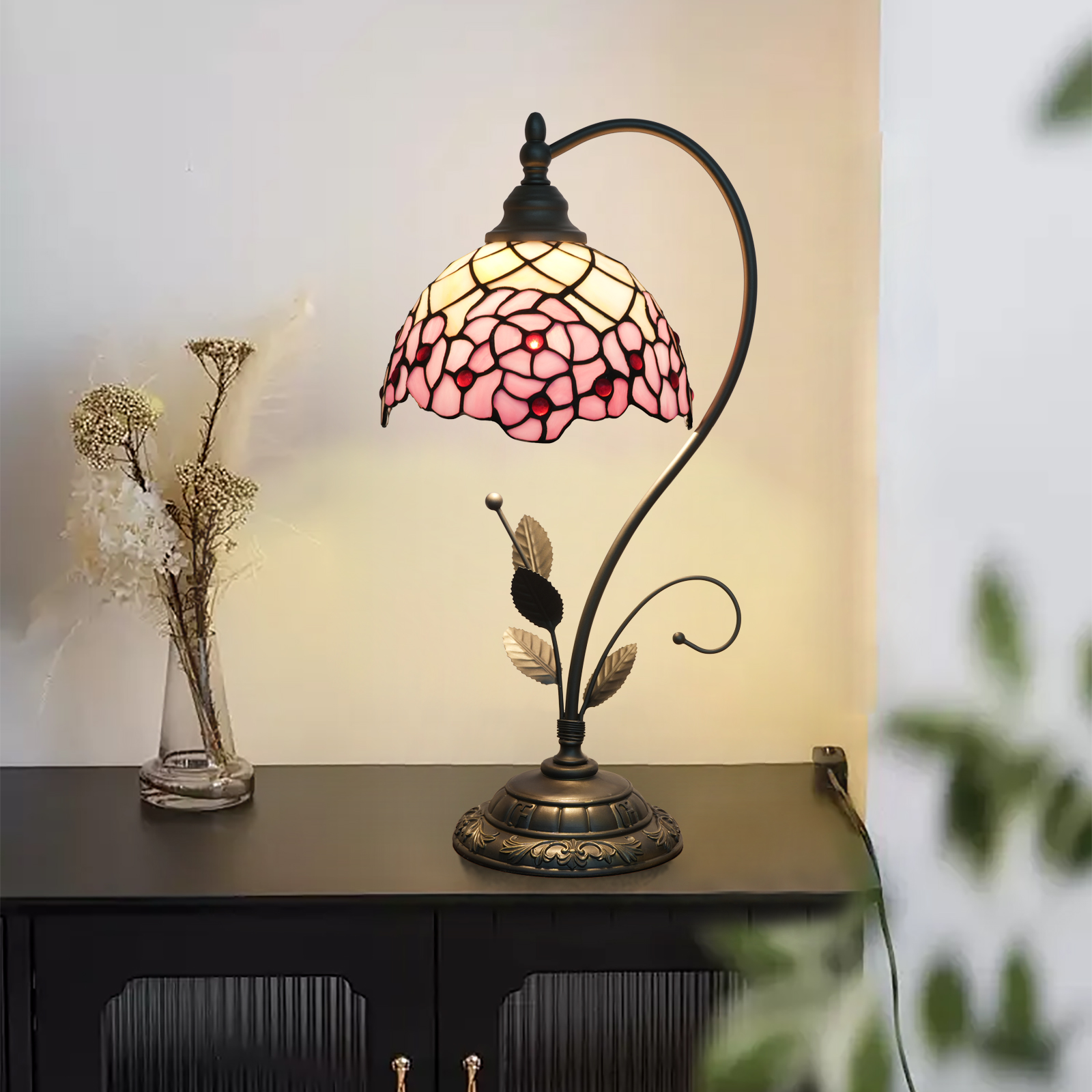 Blivuself Tiffany Table Lamp 8 Inch Stained Glass Desk Lamp Pink Cherry Blossom Warm Color Reading Lamp Suitable For Bedroom Dormitory Dining Room And Other Tiffany Retro Style Classical Art Home Decoration Art(OFU1286)