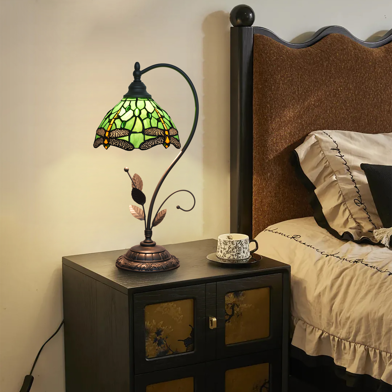 Blivuself Tiffany Table Lamp 8 Inch Stained Glass Lamp Green Dragonfly Warm Color Reading Lamp Suitable For Bedroom Dormitory Dining Room Living Room And Other Tiffany Retro Style Classical Art Home Decoration Art（OFU1288）