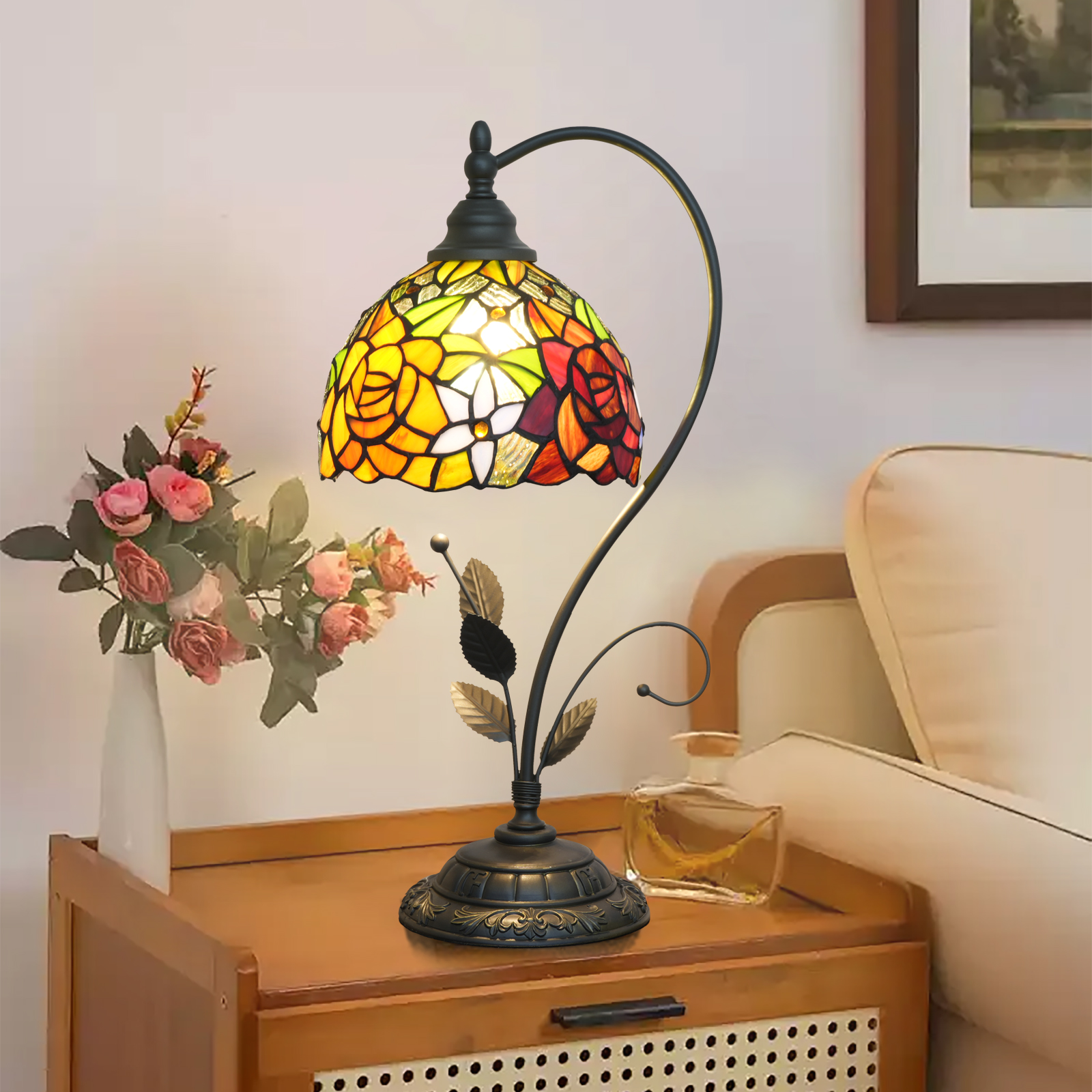 Blivuself Tiffany Table Lamp 8 Inch Stained Glass Table Lamp Bright Rose Warm Color Reading Lamp Suitable For Bedroom Dormitory Dining Room And Other Tiffany Retro Style Classical Art Home Decoration Art（OFU1289）