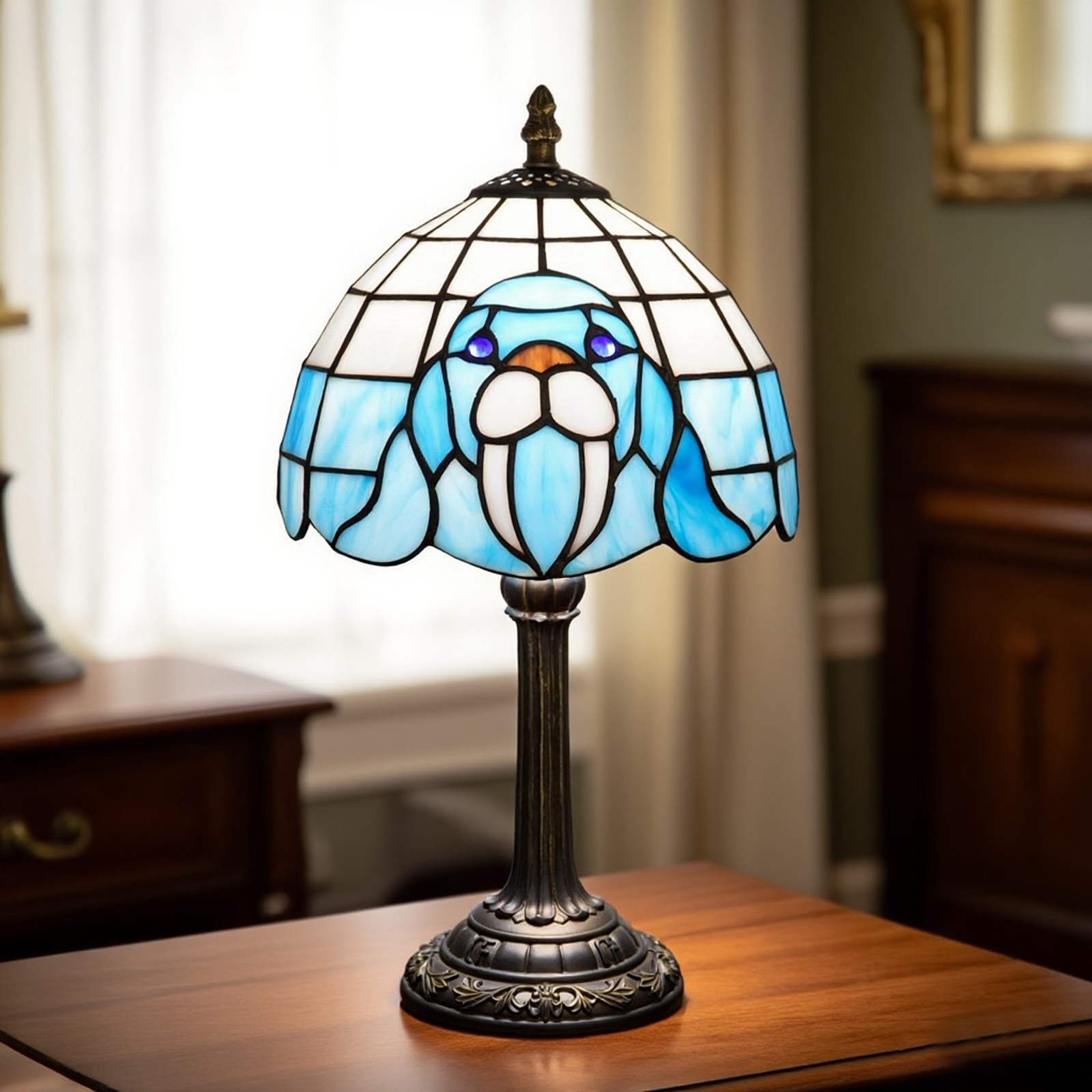 Blivuself Tiffany Table Lamp 8 Inch Stained Glass Desk Lamp Warm Color Reading Lamp Blue White Sea Lion Suitable For Bedroom Dormitory Dining Room Living Room Tiffany Retro Style Classical Art Home Decoration Art（OFU1299）