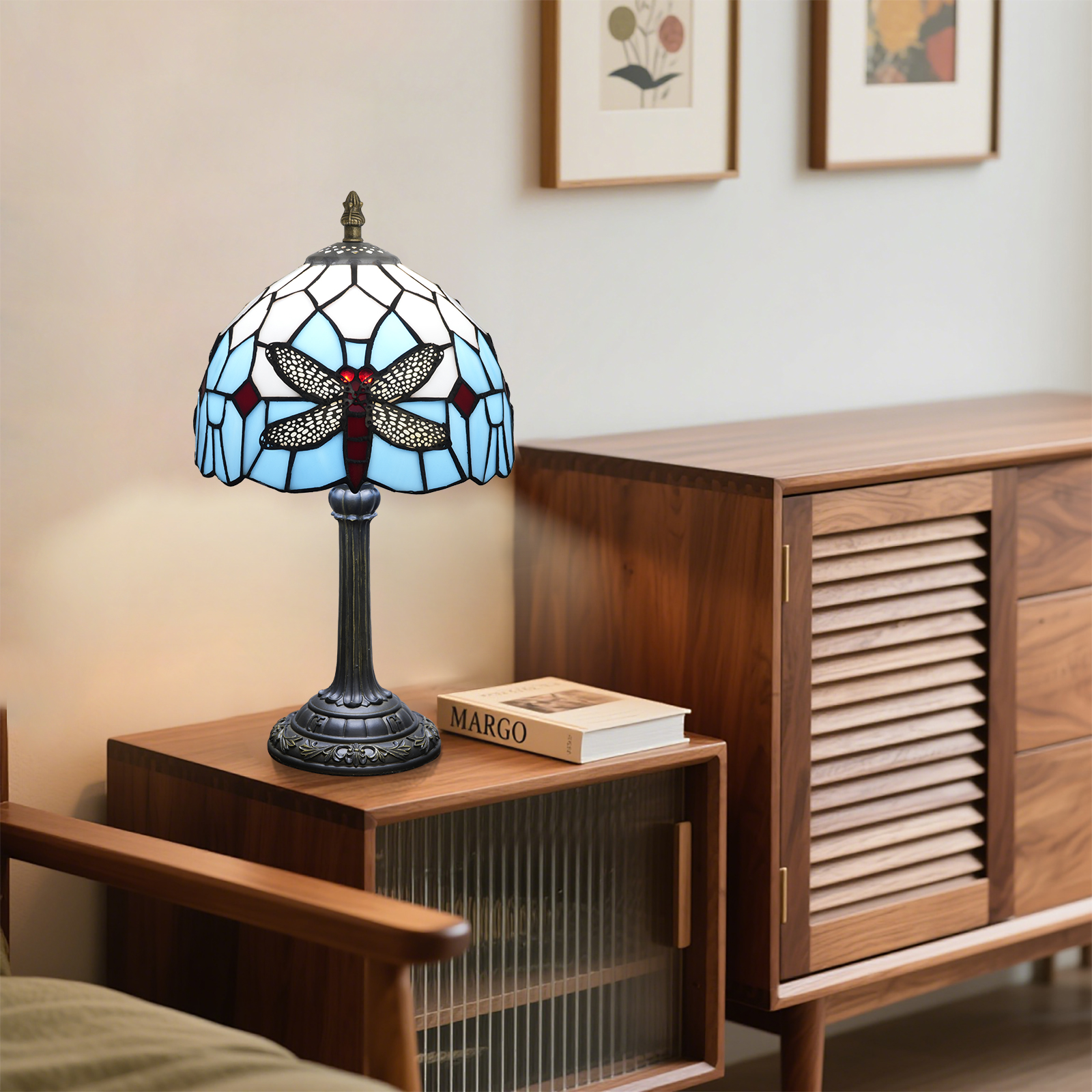 Blivuself Tiffany Table Lamp 8 Inch Stained Glass Table Lamp Warm Color Reading Lamp Blue White Dragonfly Tiffany Retro Style Classical Art Home Decoration Art Suitable For Bedrooms Dormitory Dining Room And So On（OFU1301）
