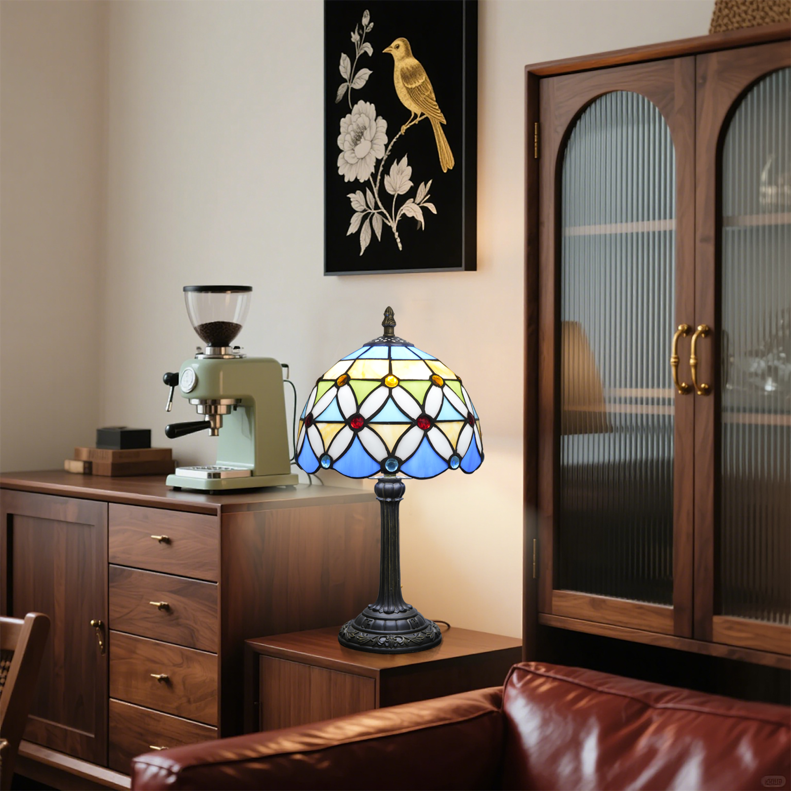 Blivuself  Tiffany Table Lamp 8 Inch Stained Glass Table Lamp Warm Color Reading Lamp Beads Woven Tiffany Retro Style Classical Art Home Decoration Art Suitable For Bedrooms Dormitory Dining Room Living Room（OFU1302）