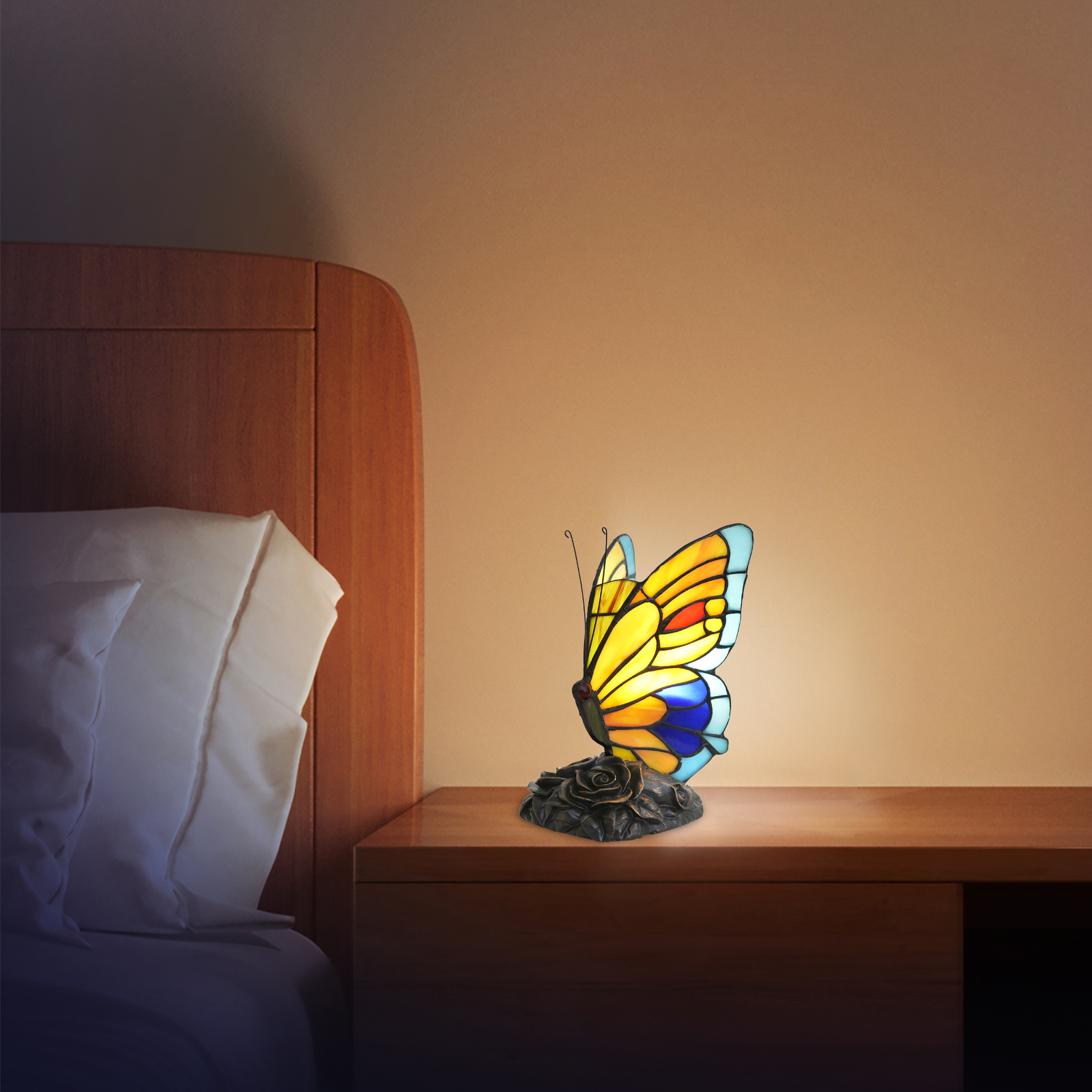 Blivuself Tiffany Butterfly Table Lamp Warm And Lovely Mini Night Light Yellow Blue Butterfly Hand Colored Glass Lamp Suitable For Bedroom Library Living Room Dormitory Tiffany Style Retro Home Decoration Crafts（OFU1252）