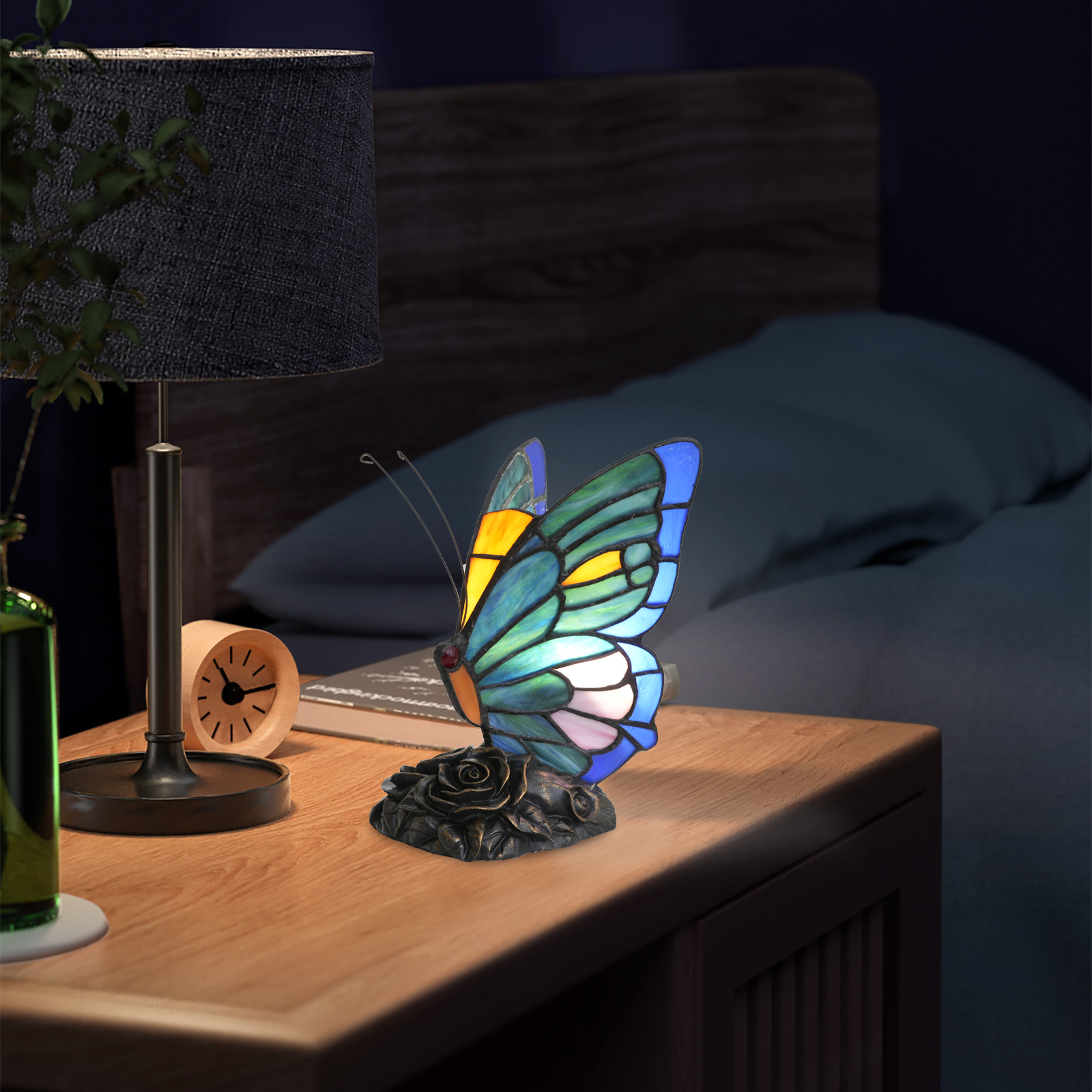 Blivuself Tiffany Butterfly Table Lamp Warm And Lovely Mini Night Light Blue Butterfly Hand Colored Glass Lamp Suitable For Bedroom Library Living Room Dormitory Tiffany Style Retro Home Decoration Crafts（OFU1254）