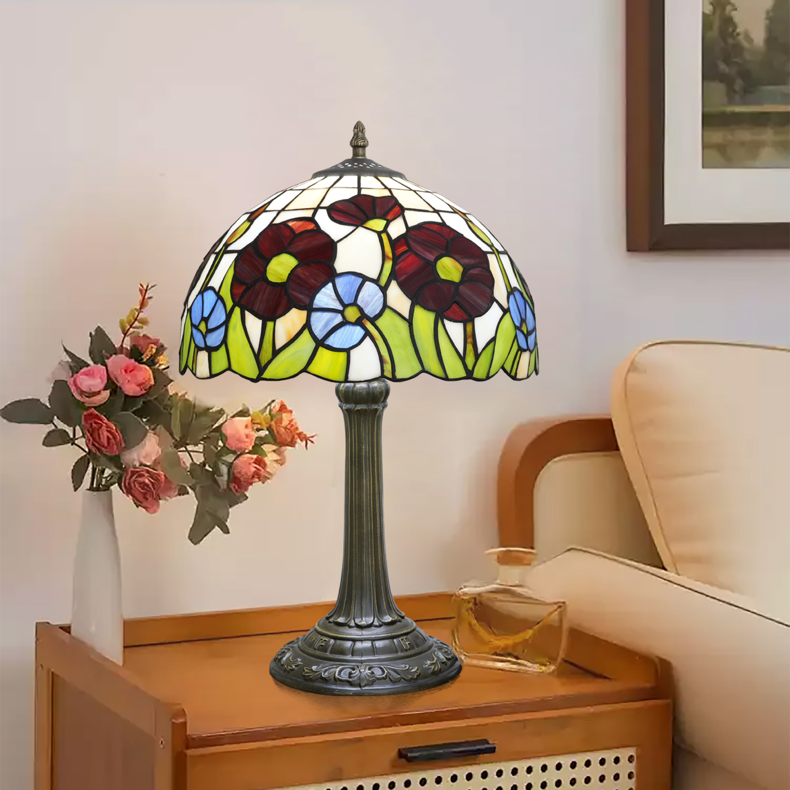 Blivuself Tiffany Table Lamp 12 Inch Stained Glass Table Lamp Brown Red Flowers Warm Color Reading Lamp Is Suitable For Bedroom Dormitory Living Room Dining Room Study Tiffany Retro Style Classical Art Home Decoration Art（OFT1357）