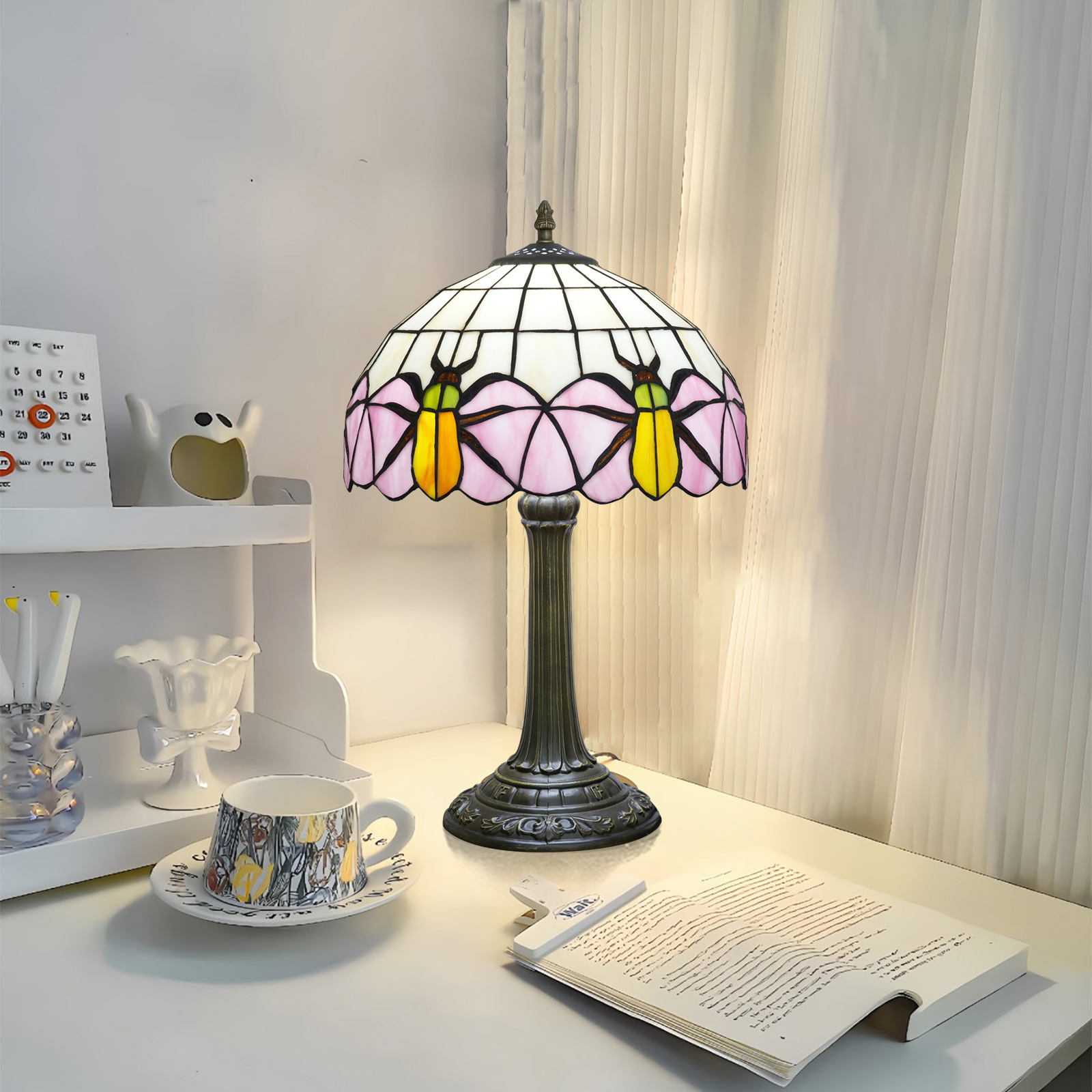 Blivuself Tiffany Table Lamp 12 Inch Stained Glass Lamp Beetle Warm Color Reading Lamp Is Suitable For Bedroom Dormitory Living Room Dining Room Study Tiffany Retro Style Classical Art Home Decoration Art（OFT1359）