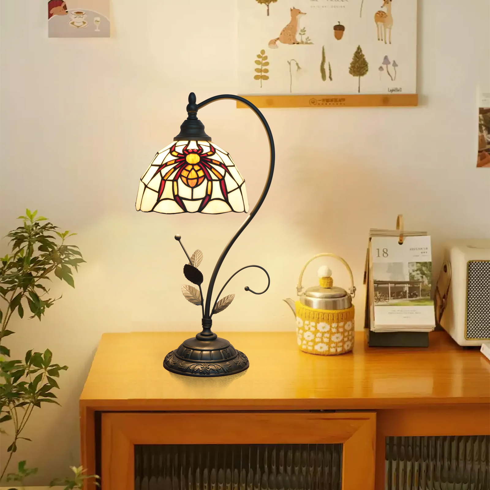 Blivuself Tiffany Table Lamp 8 Inch Stained Glass Table Lamp Red Spider Warm Color Reading Lamp For Bedroom Dormitory Dining Room Study Tiffany Retro Style Classical Art Home Decoration Art Crafts（OFU1304）