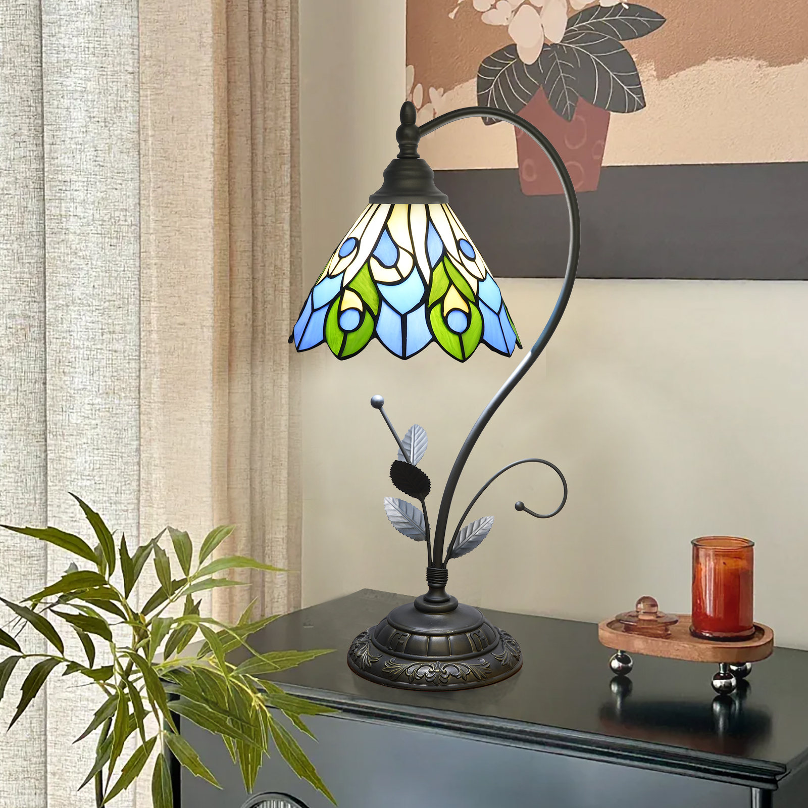Blivuself Tiffany Table Lamp 8 Inch Stained Glass  Lamp Pollendot Peacock Tail Warm Color Reading Lamp For Bedroom Dormitory Dining Room Living Room Study Tiffany Retro Style Classical Art Home Decoration Art Crafts（OFU1311）