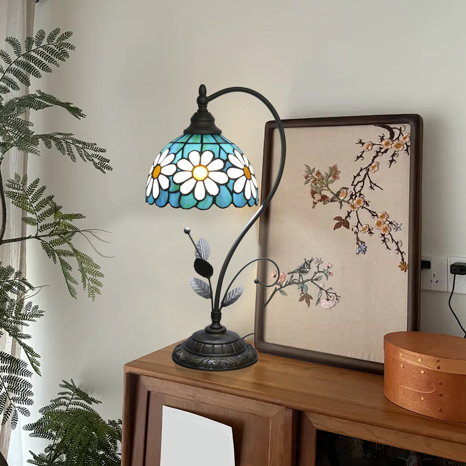 Blivuself Tiffany Table Lamp 8 Inch Stained Glass Table Lamp Blue Bottom White Chrysanthea Classical Art Warm Color Reading Lamp For Bedroom Dormitory Dining Room Study Tiffany Retro Style Home Decoration Art Crafts(OFU1312)
