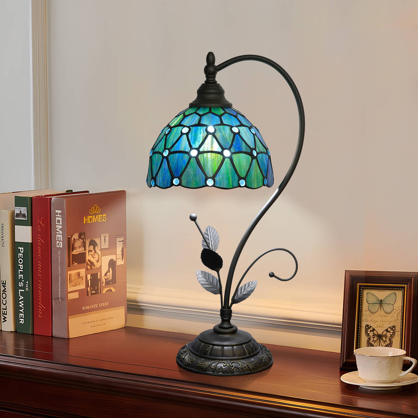 Blivuself Tiffany Lamp 8 Inch Stained Glass Table Lamp Blue Beads Classical Art Warm Color Reading Lamp For Bedroom Dormitory Dining Room Study Tiffany Retro Style Home Decoration Art Crafts（OFU1313）