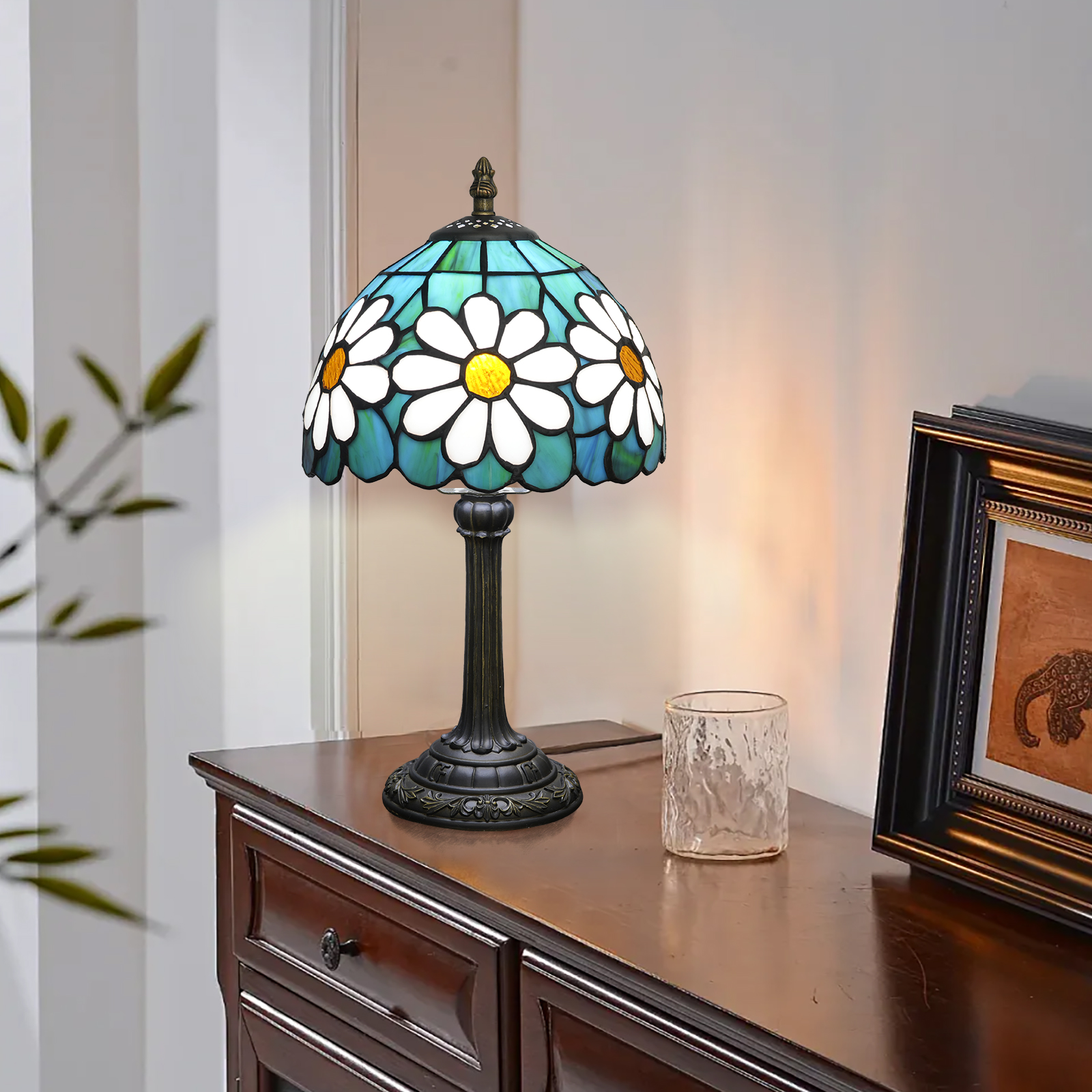 Blivuself Tiffany Table Lamp 8 Inch Stained Glass Table Lamp White Chrysantheum Classical Art Warm Color Reading Lamp For Bedroom Dormitory Dining Room Study Tiffany Retro Style Home Decoration Art Crafts（OFU1314）