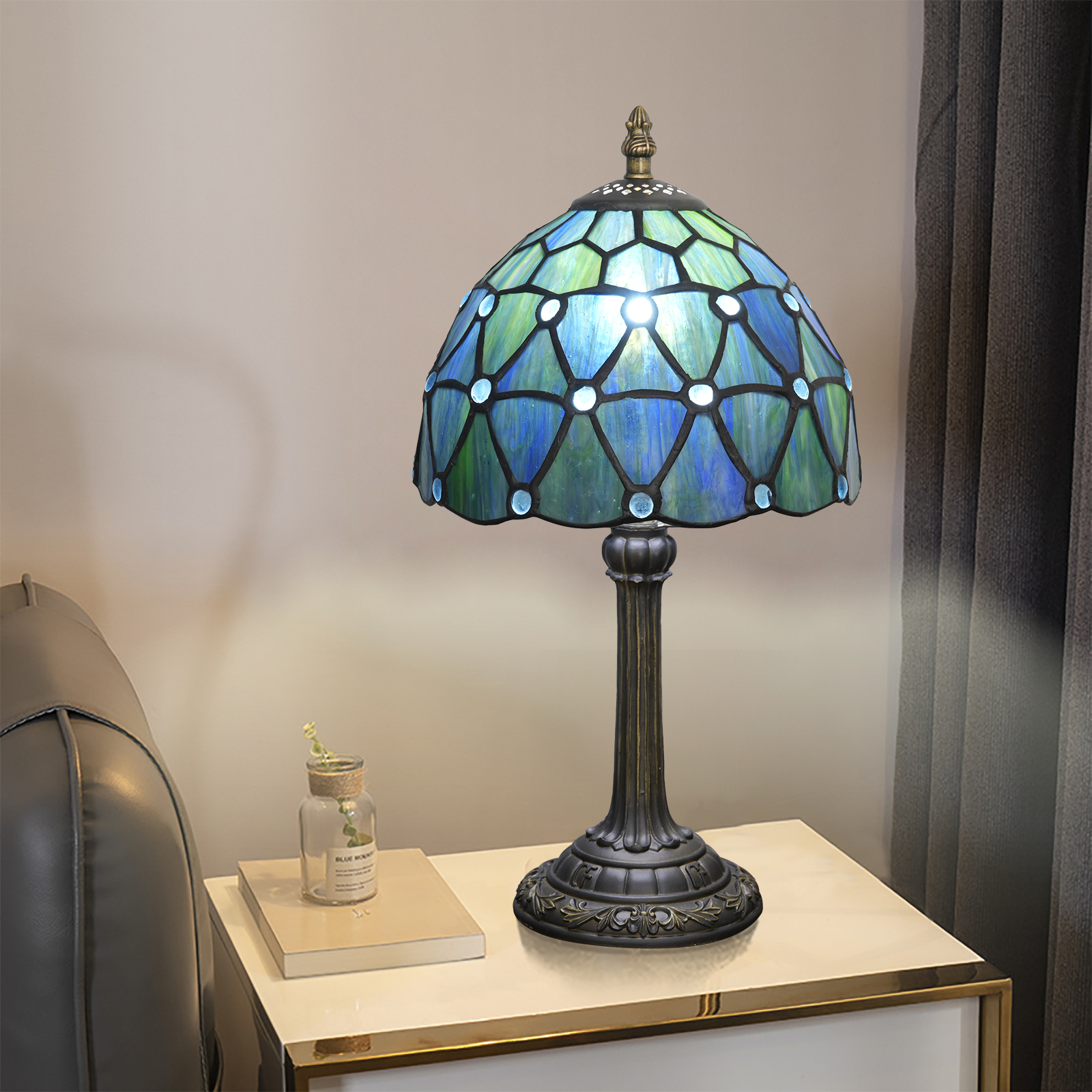 Blivuself Tiffany Table Lamp 8 Inch Stained Glass Table Lamp Blue Beads Warm Color Reading Lamp For Bedroom Dormitory Dining Room Study Tiffany Retro Style Home Decorative Arts And Crafts（OFU1316）