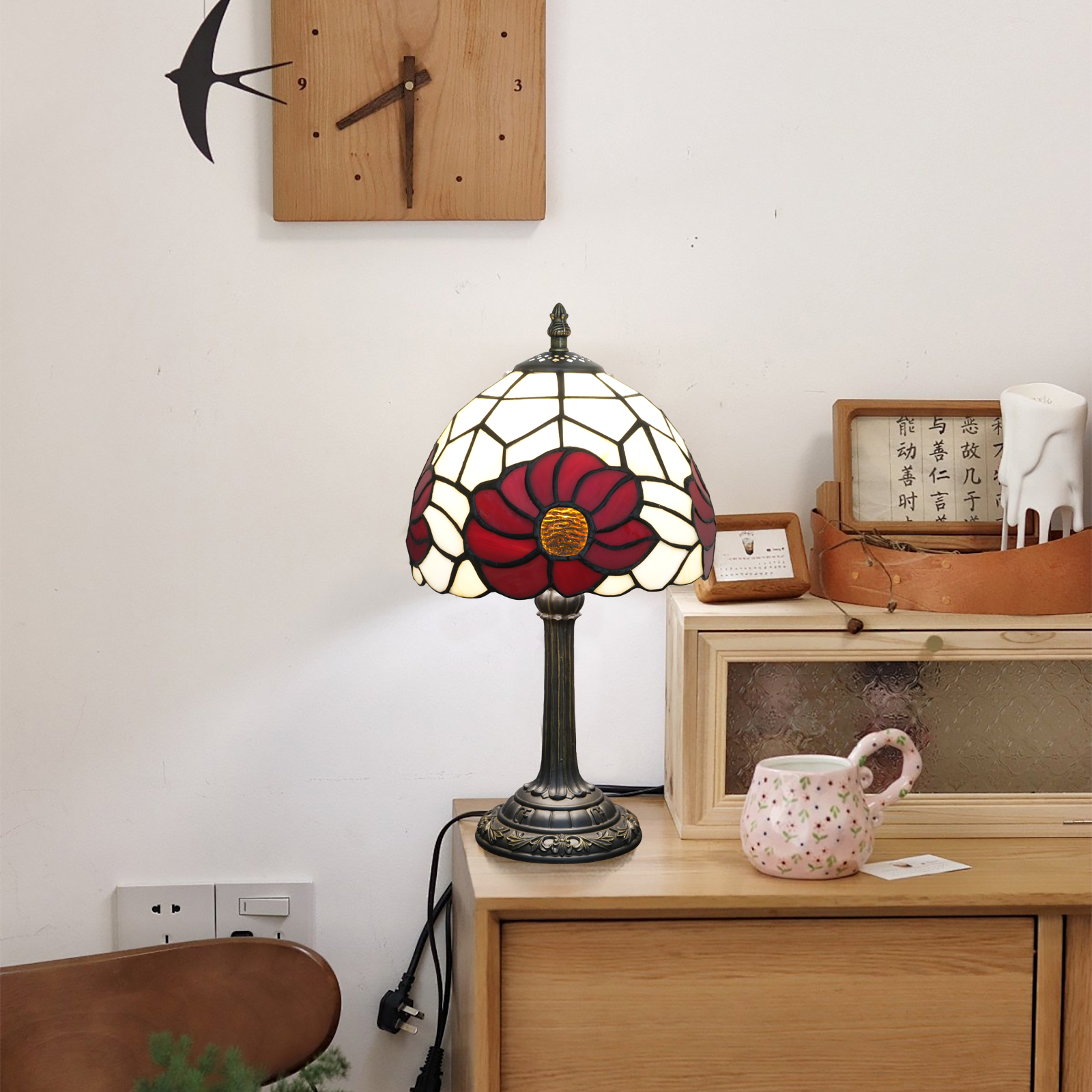 Blivuself Tiffany Table Lamp 8 Inch Stained Glass Table Lamp Red Sea Anemone Manual Warm Color Reading Lamp For Bedroom Dormitory Dining Room Study Tiffany Retro Style Home Decorative Arts And Crafts（OFU1317）