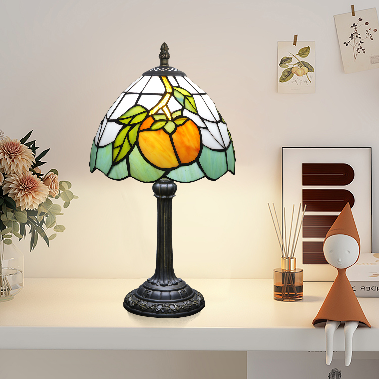 Blivuself Tiffany Lamp 8 Inch Stained Glass Table Lamp Yellow Persimmon Hand Warm Color Reading Lamp For Bedroom Dormitory Dining Room Study Tiffany Retro Style Home Decorative Arts And Crafts（OFU1318）