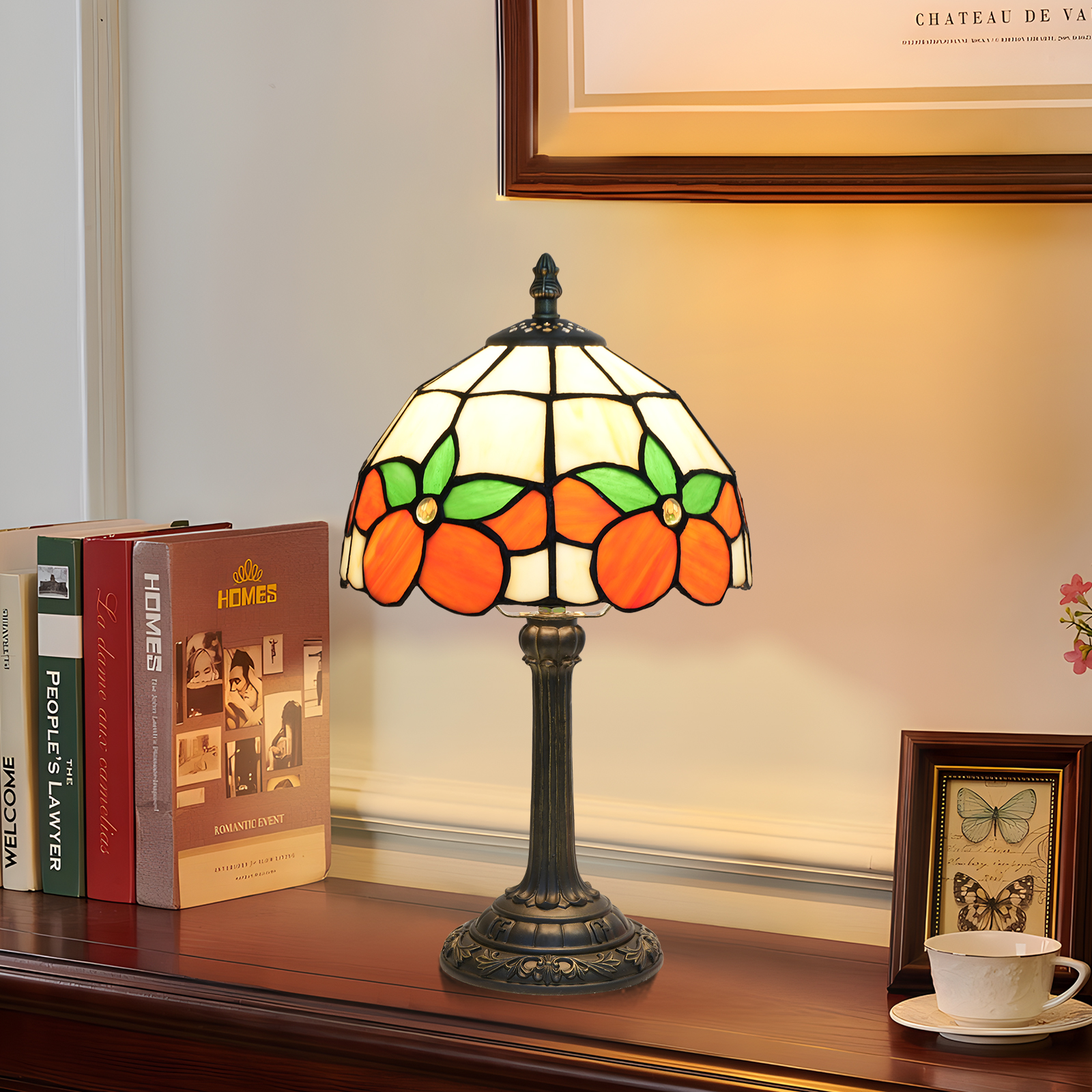 Blivuself Tiffany Table Lamp 8 Inch Stained Glass  Lamp Orange Manual Warm Color Reading Lamp For Bedroom Dormitory Dining Room Study Tiffany Retro Style Home Decorative Arts And Crafts（OFU1319）