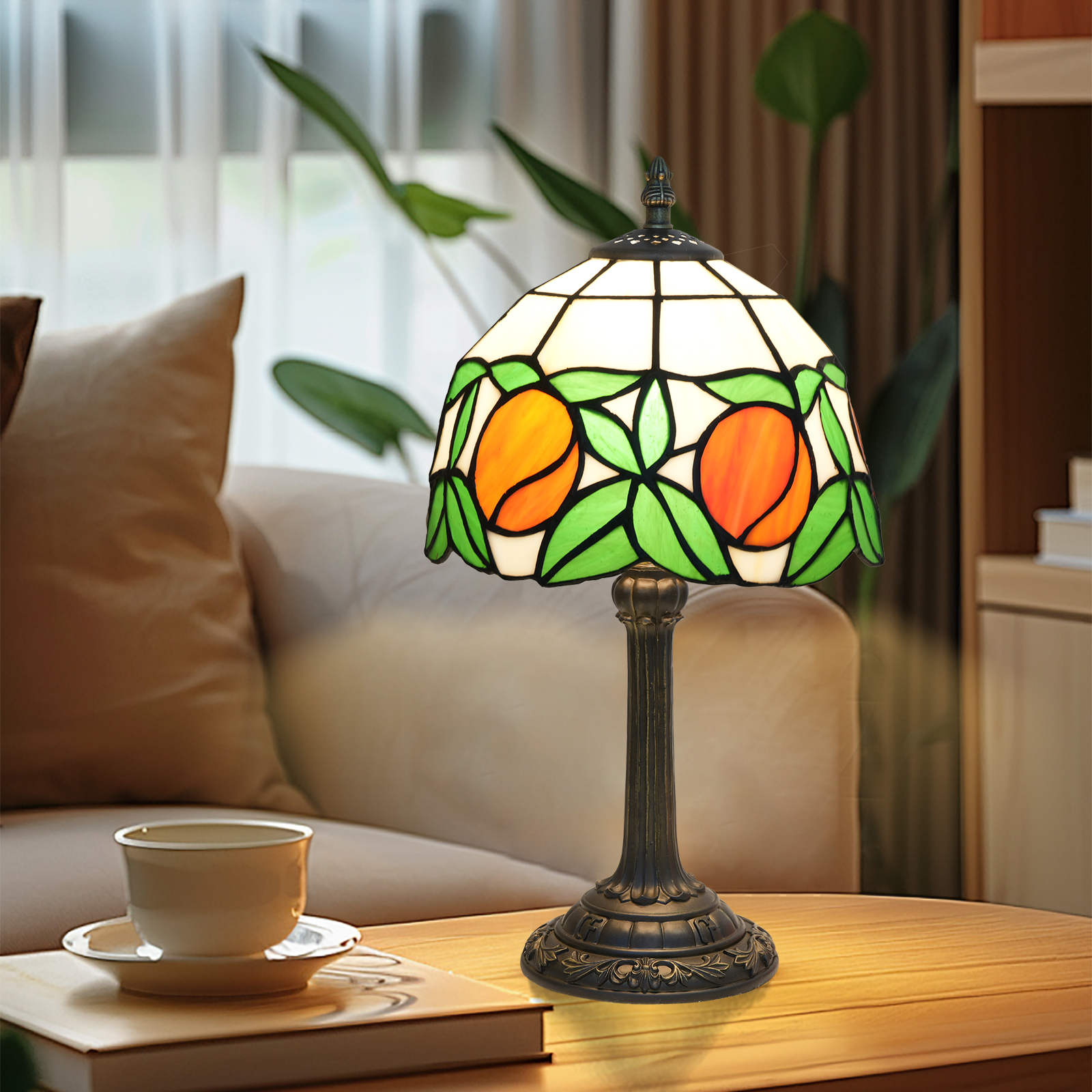 Blivuself Tiffany Table Lamp 8 Inch Stained Glass Table Lamp Green Leaf Orange Handmade Warm Color Reading Lamp Suitable For Bedroom Dorm Dining Room Living Room Study Tiffany Vintage Style Home Deco Art Crafts（OFU1320）