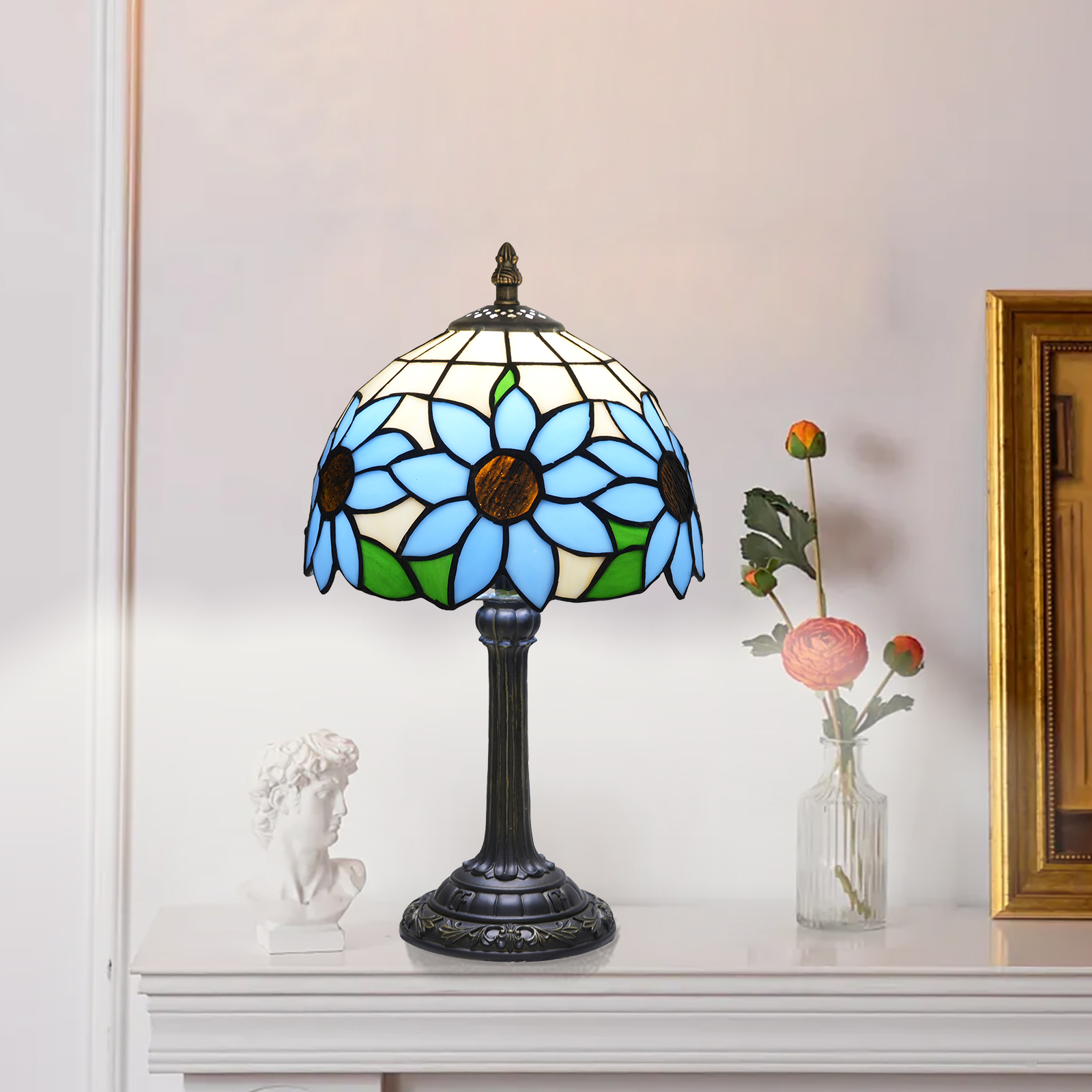 Blivuself Tiffany Lamp 8 Inch Stained Glass Table Lamp Blue Chrysanthem Handmade Warm Color Reading Lamp For Bedroom Dormitory Dining Room Study Tiffany Retro Style Home Decorative Arts And Crafts（OFU1323）
