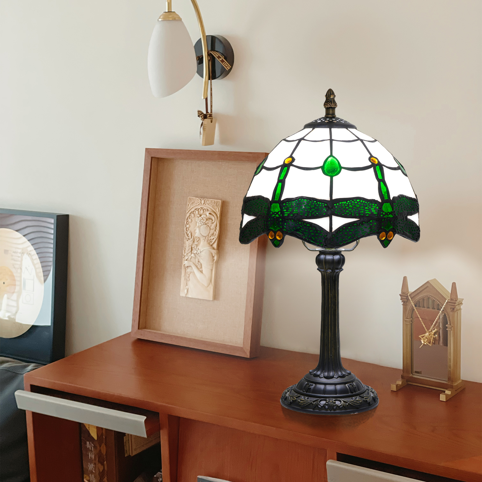 Blivuself Tiffany Table Lamp 8 Inch Stained Glass Table Lamp Dark Green Dragonfly Manual Warm Color Reading Lamp For Bedroom Dormitory Dining Room Study Tiffany Retro Style Home Decorative Arts And Crafts（OFU1326）