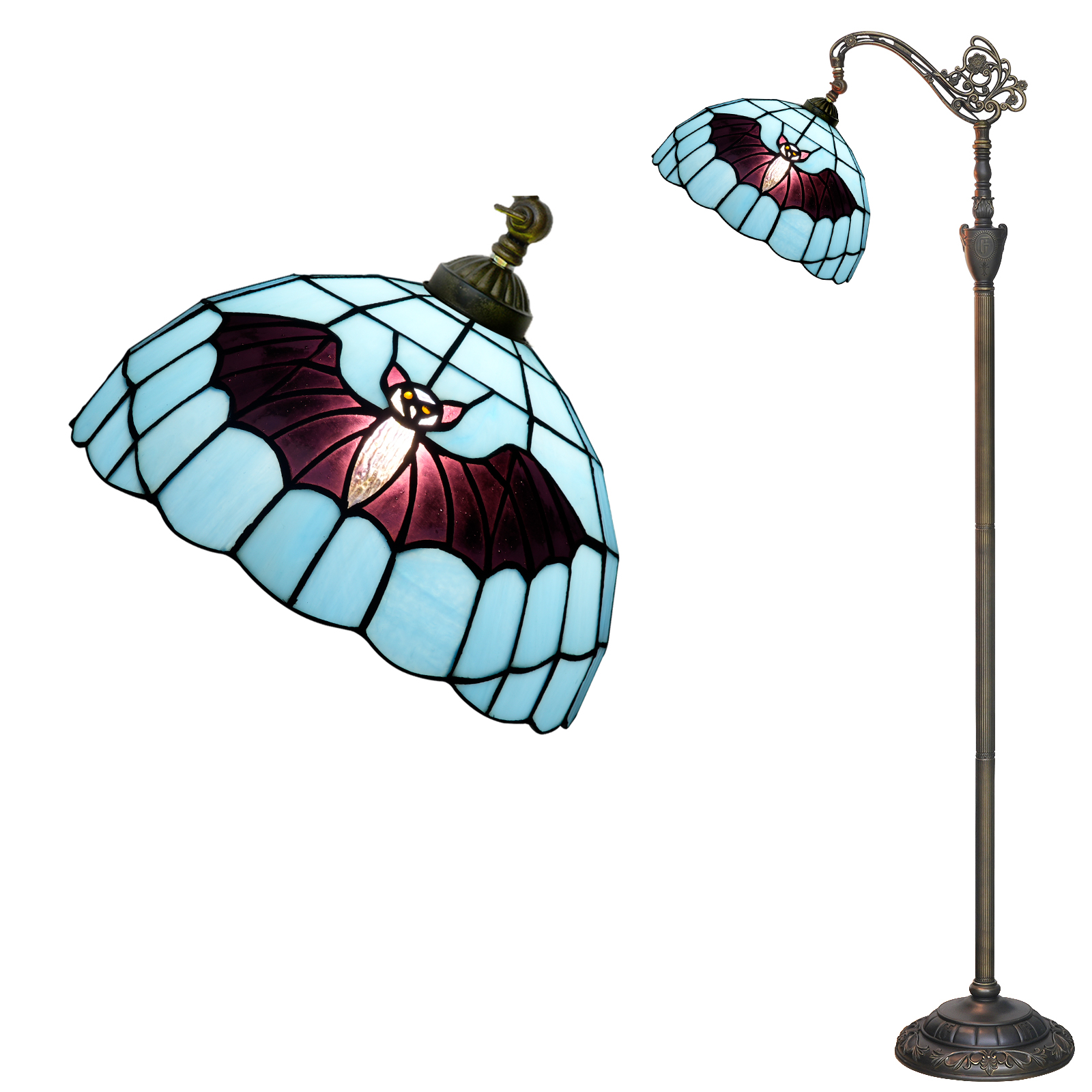 Blivuself Tiffany Floor Lamp 12 Inch Blue Bottom Black Bat Colored Glass Light Classical Art Style Adjustable Lighting Eye Protection Reading Light Suitable For Study Bedroom Dining Room Office Tiffany Retro Style Home Decoration（OFX042）