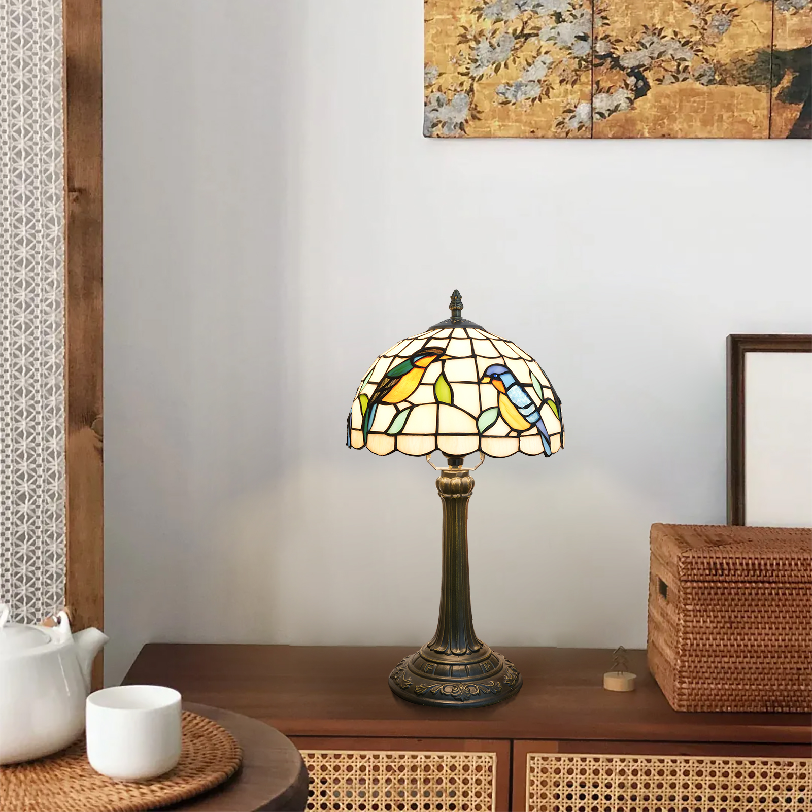 Blivuself Tiffany Table Lamp 10 Inch Stained Glass Lamp Classic Art Style Robin Warm Color Lighting Eye Protection Reading Lamp Suitable For Study Bedroom Dining Room Office Tiffany Retro Style Home Decoration（OFT1321）
