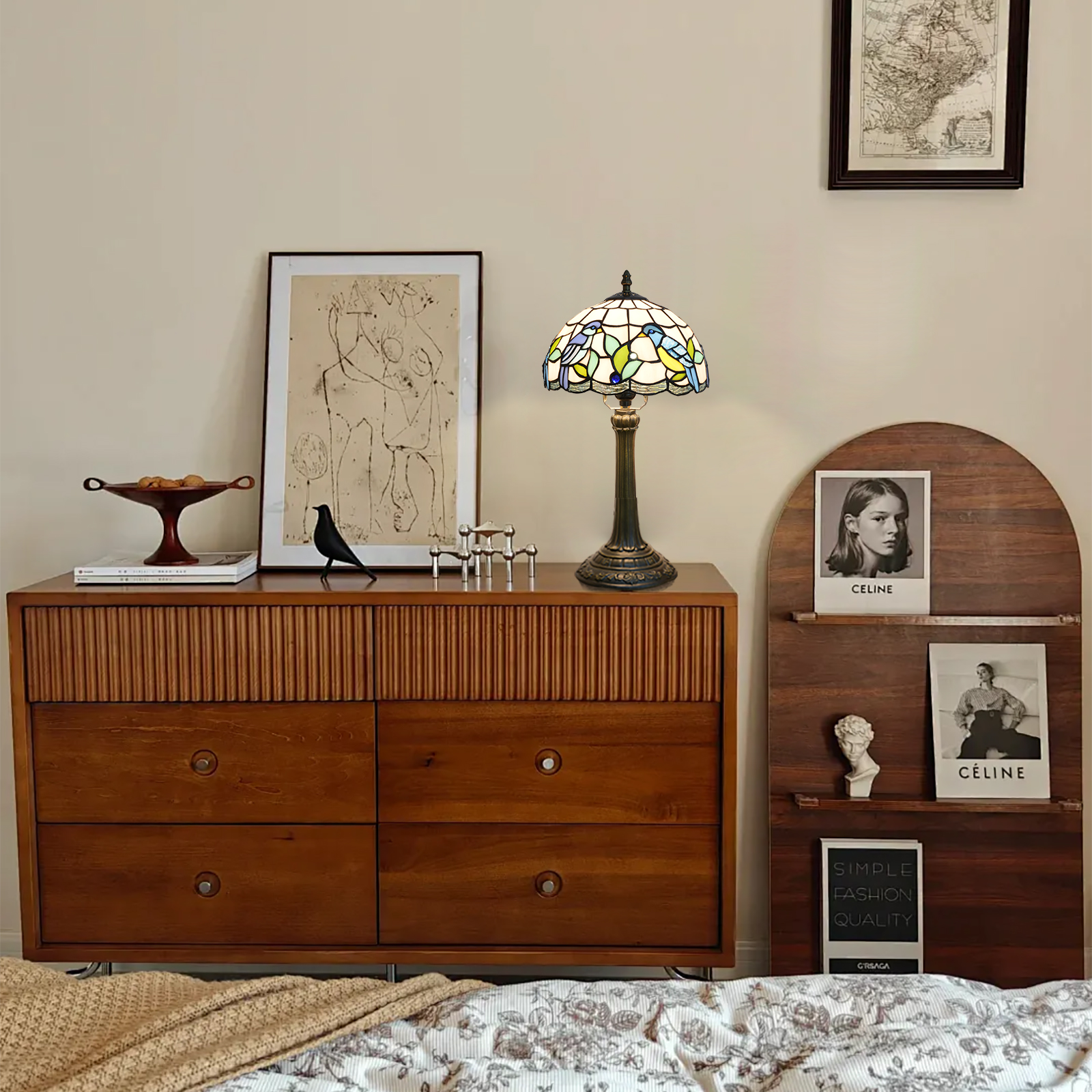 Blivuself Tiffany Table Lamp 10 Inch Stained Glass Lamp Classic Art Style 2 Blue Robin Warm Color Lighting Eye Protection Reading Lamp For Study Bedroom Dining Room Office Tiffany Retro Style Home Decoration（OFU1318）