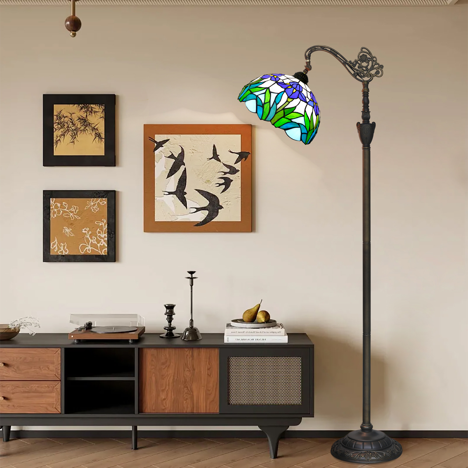 Blivuself Tiffany Floor Lamp 12 Inch Blue Iris Stained Glass Lamp Tiffany Retro Style Adapted To Bedroom Dormitory Dining Room Living Room And Other Classical Art Home Decorative Art Craft OFX046