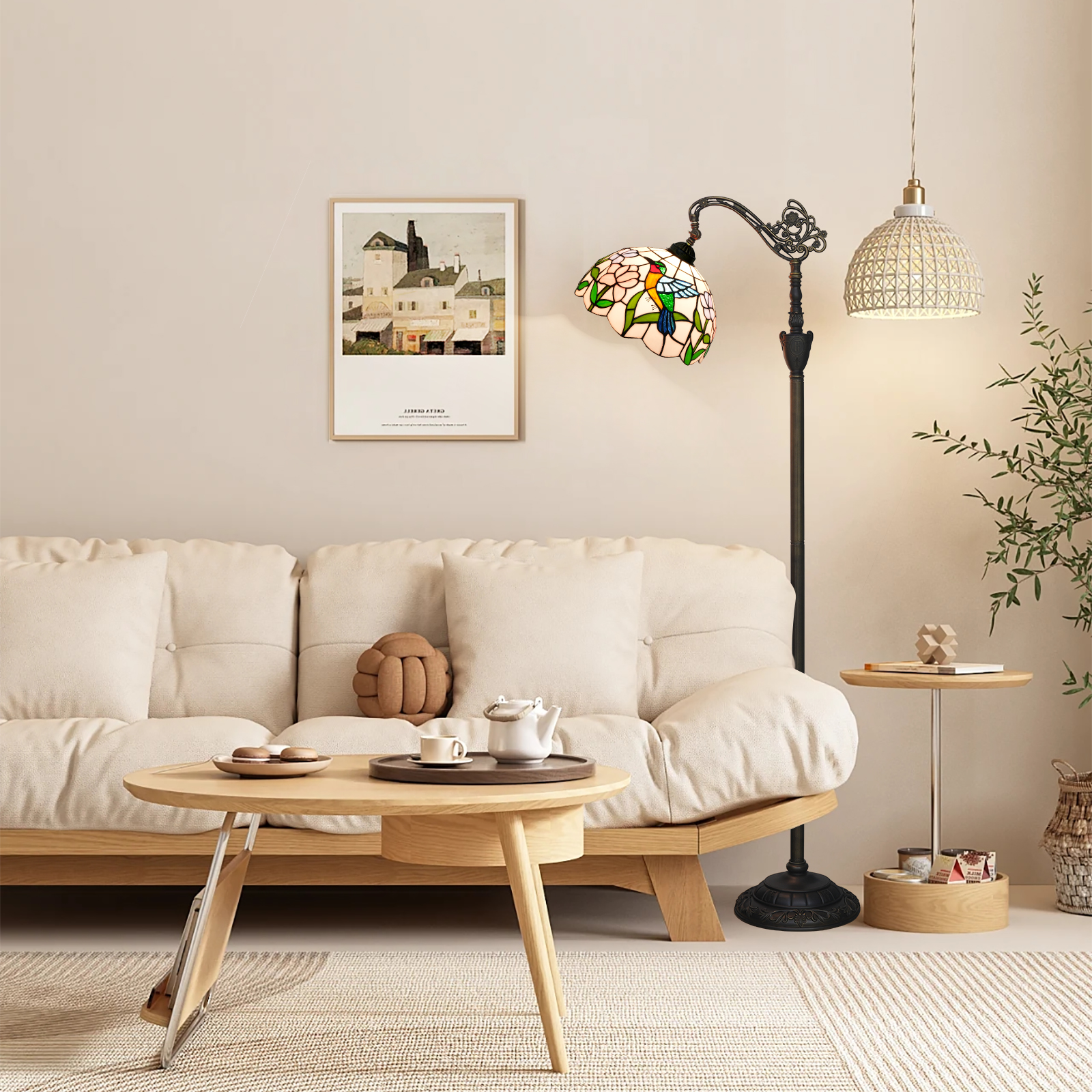 Blivuself Tiffany Floor Lamp Pink Purple Double Color Flower 12 Inches Handmade Blue Hummingbird Stained Glass Lamp Tiffany Retro Style Floor Lamp Suitable For Bedroom Dining Room Living Room Study Office And Other Classical Art Home Holiday Decoration Crafts OFX028