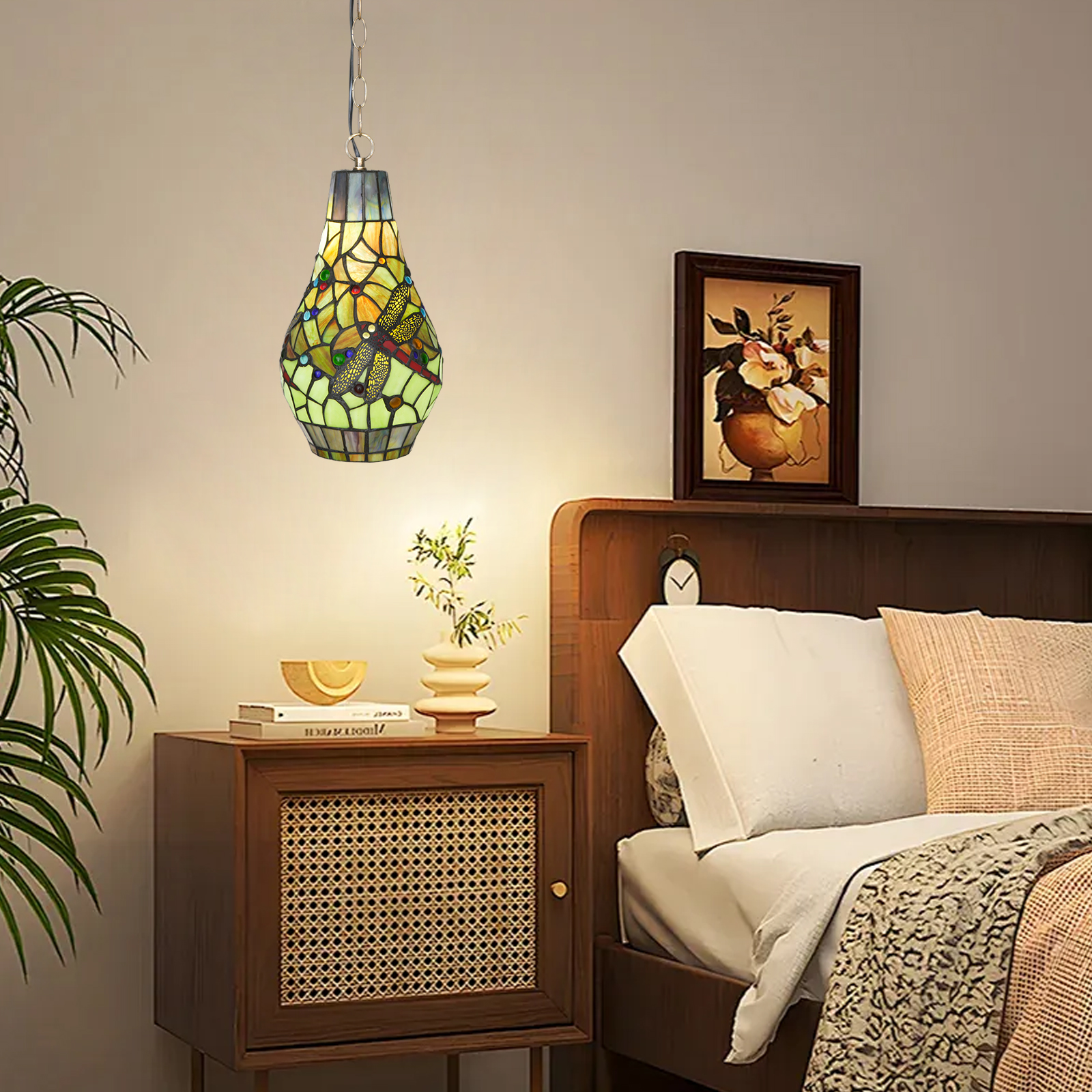BLivuself Tiffany Chandelier Tiffany Style Handmade Stained Glass Chandelier Green Dragonfly Belly Suitable For Bedroom Restaurant Hotel Living Room Corridor Study Retro Home Decoration Crafts OFP1367