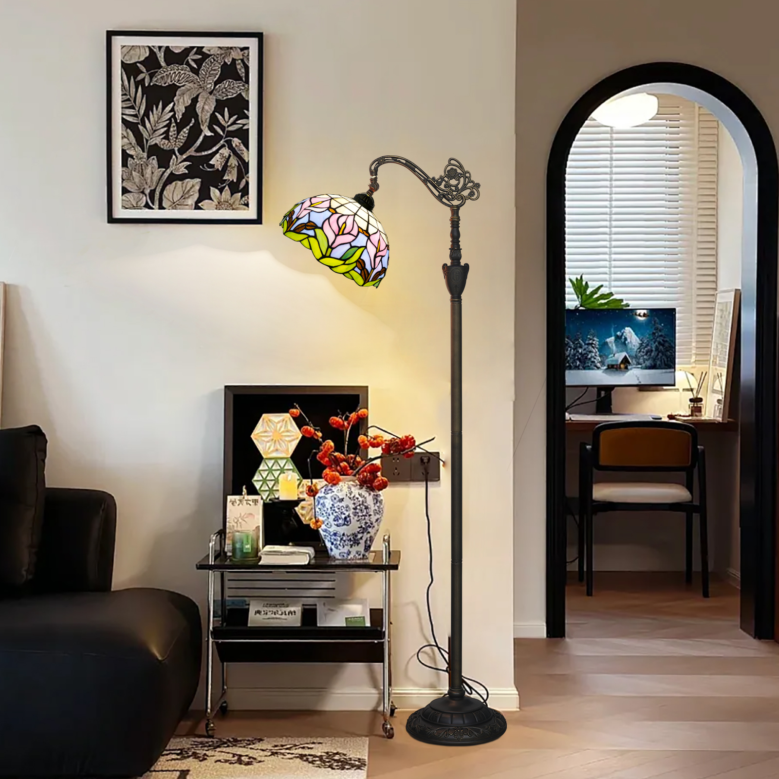 Blivuself Tiffany Floor Lamp Upright Antique Floor Lamp Adjustable Warm Light Reading Lamp Victoria Pink Calla Lotus Stained Glass Lamp Adaptation Bedroom Living Room Study Office And Other Tiffany Style Retro Home Decoration Classical Art Gifts OFX034