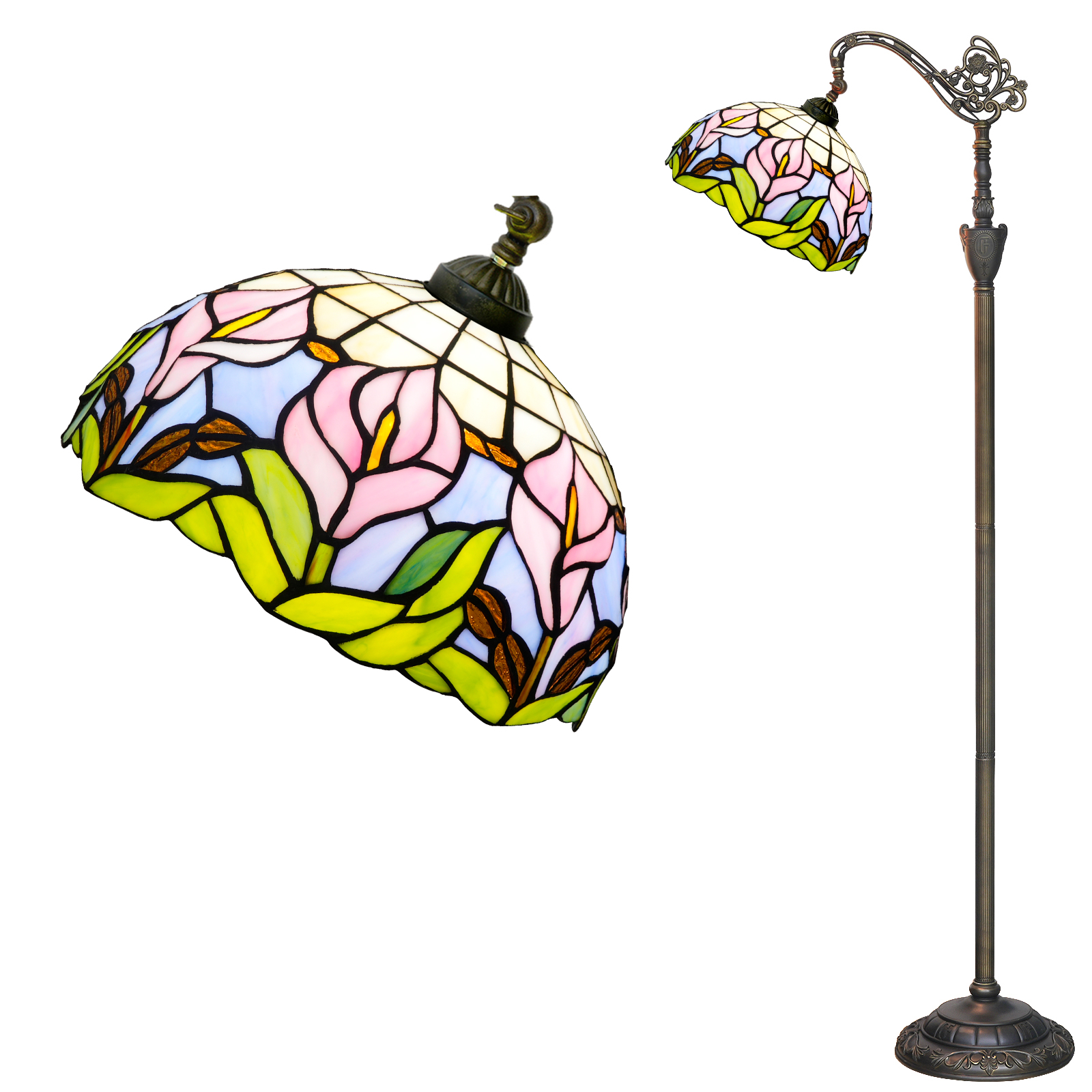 Blivuself Tiffany Floor Lamp Upright Antique Floor Lamp Adjustable Warm Light Reading Lamp Victoria Pink Calla Lotus Stained Glass Lamp Adaptation Bedroom Living Room Study Office And Other Tiffany Style Retro Home Decoration Classical Art Gifts OFX034