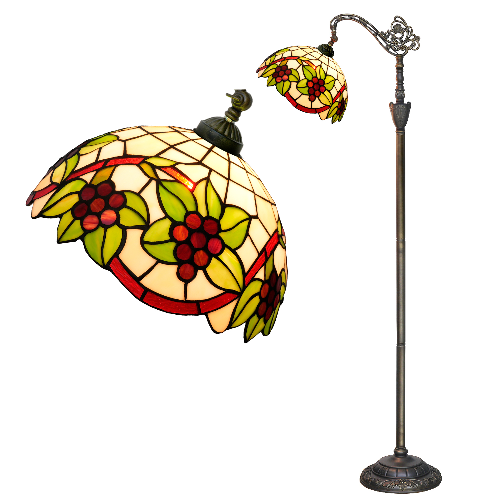 Blivuself Tiffany Floor Lamp Upright Antique Floor Lamp Adjustable Warm Light Reading Lamp Pastoral Style Green Leaves Red Grapes Stained Glass Lamp Suitable For Bedroom Living Room Study Office And Other Tiffany Style Retro Home Decoration Classical Art Gifts OFX032