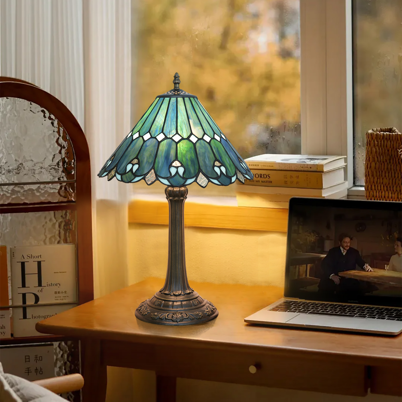 Blivuself Tiffany Table Lamp 12 Inch Stained Glass Table Lamp Blue Umbrella Warm Color Reading Lamp Suitable For Bedrooms Dormitory Dining Room And Other Tiffany Retro Style Classical Art Home Decoration Art（OFT1356）