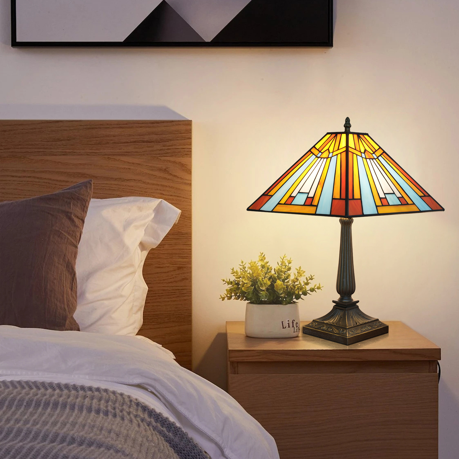 Blivuself Tiffany 16 Inches Colored Striped Square Table Lamp Stained Glass Lamp Warm Light Warm Atmosphere Bedside Lamp Suitable For Bedroom, Dormitory, Dining Room And Other Tiffany Style Retro Home Decoration (OFT1361)