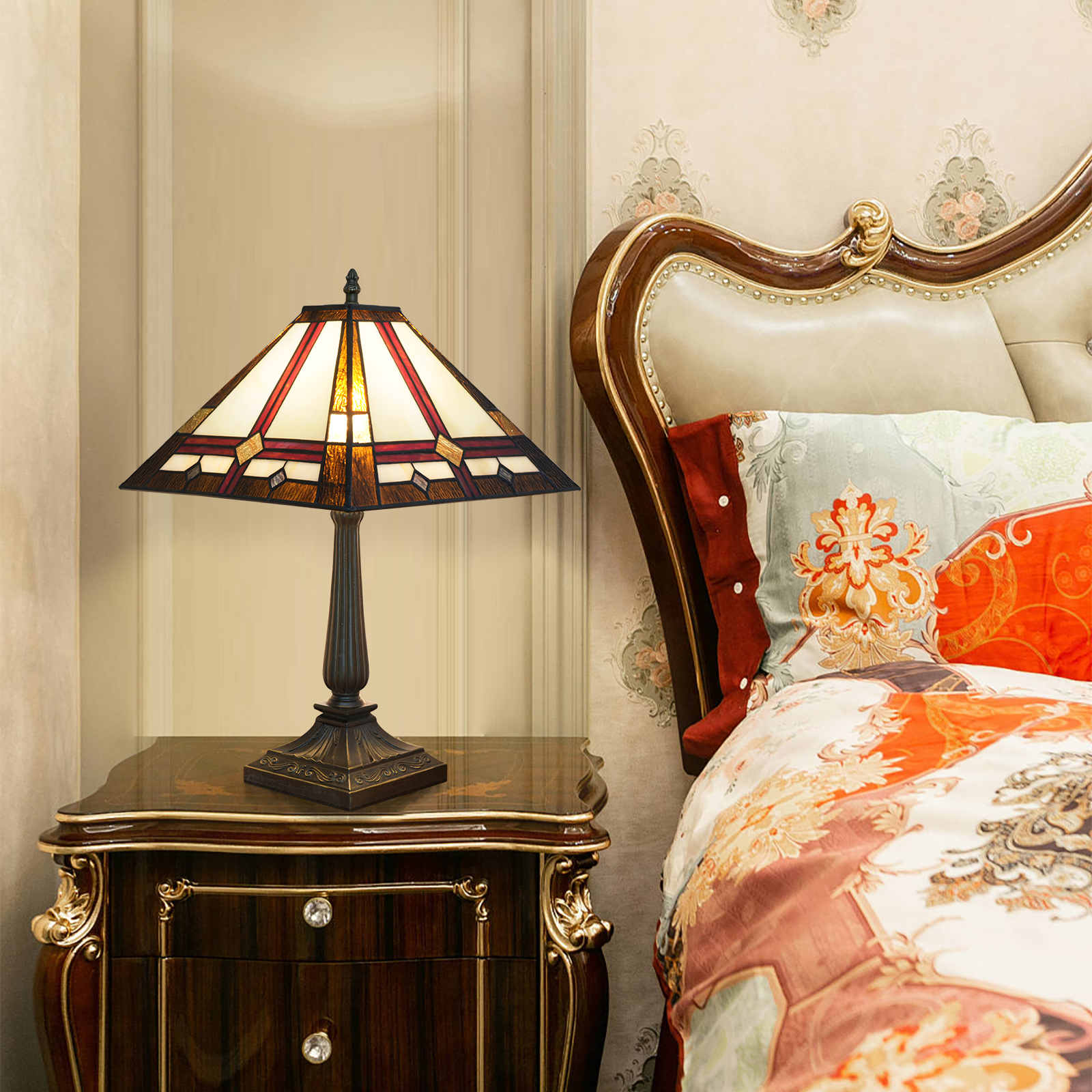 Blivuself Tiffany Style Lamp 16 Inches 83g Tea-Colored Lines Square Warm Atmosphere To Create Bedside Lamp Manual Stained Glass Table Lamp Suitable For Bedroom Dining Room Study Living Room Office And Other Home Decorations OFT1365