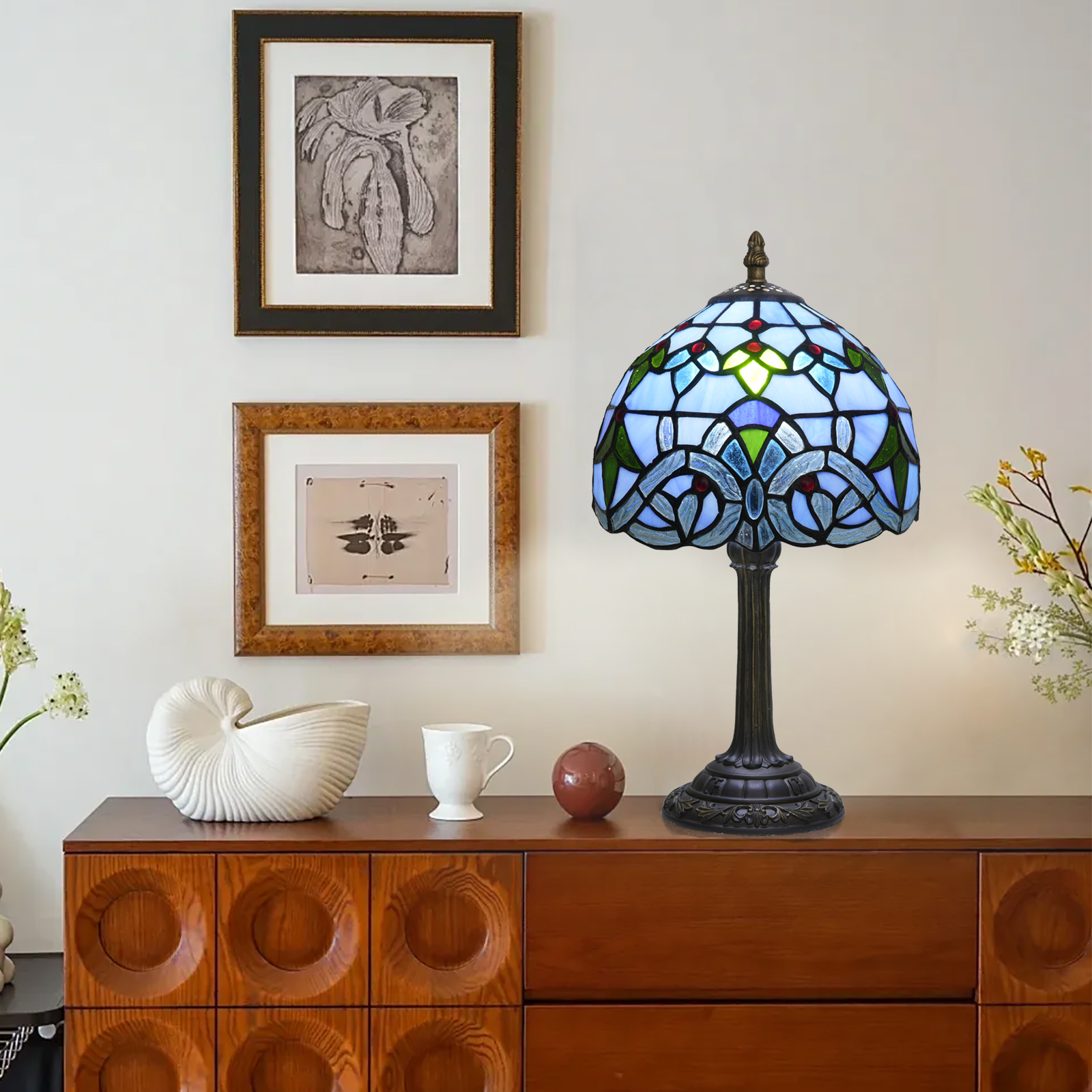 Tiffany Lamp Blue Water Pattern Baroque Bedside Lamp Stained Glass Lamp Handmade Fit Bedroom Dormitory Dining Room Living Room Study Room And Other Retro Home Deco Art Atmosphere Lamp（8 Inch）OFU1380