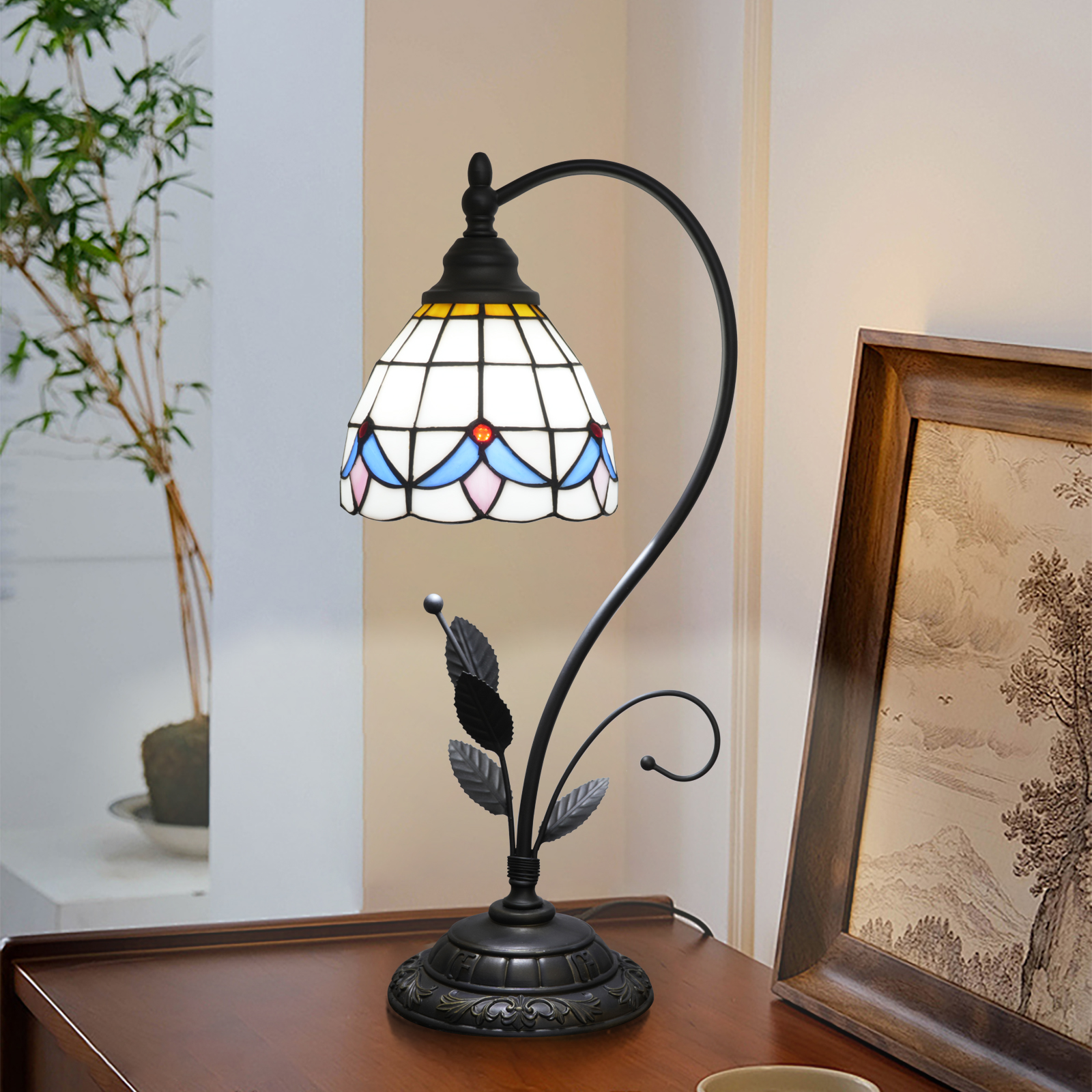 Blivuself Tiffany Lamp Stained Glass Lamp White Magnolia Restoring Ancient Ways Is The Head Of A Bed Lamp Adapter Restoring Ancient Ways Such As Household Adornment Bedroom Dorm Study Restaurant Classical Art (6 Inch OFU1344)